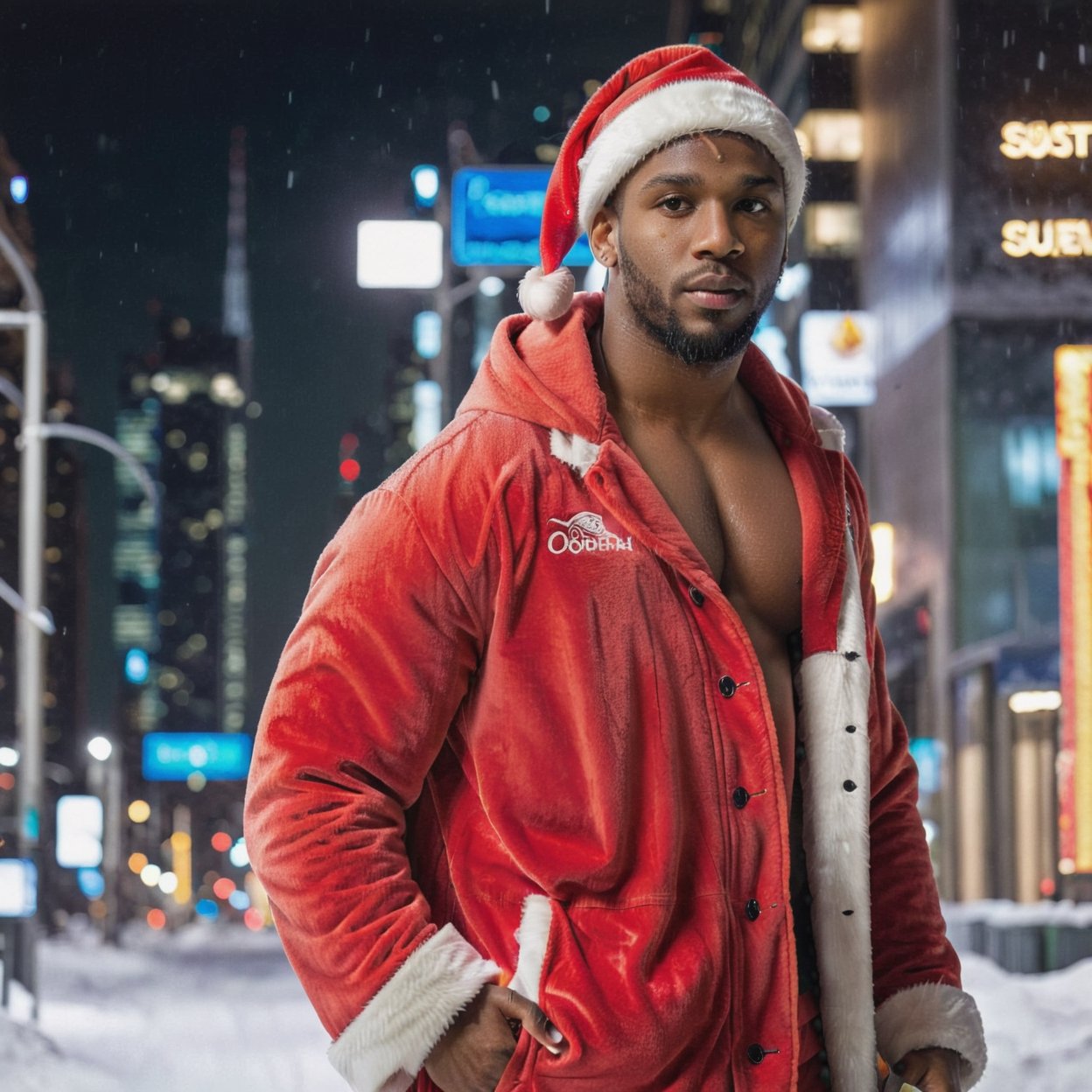 portrait shot, a photograph of a dark skin bearded handsome muscular male teenager wearing santa coat and santa hat, in a snowy cyberpunk city, neon lights, skyscrappers, perfect eyes, (at night):2, confident pose, photography, masterpiece, 4k ultra hd, soft lighting, extremely realistic, noise-free realism, sigma 85mm f/1.4, sexy muscular,Extremely Realistic,more saturation 