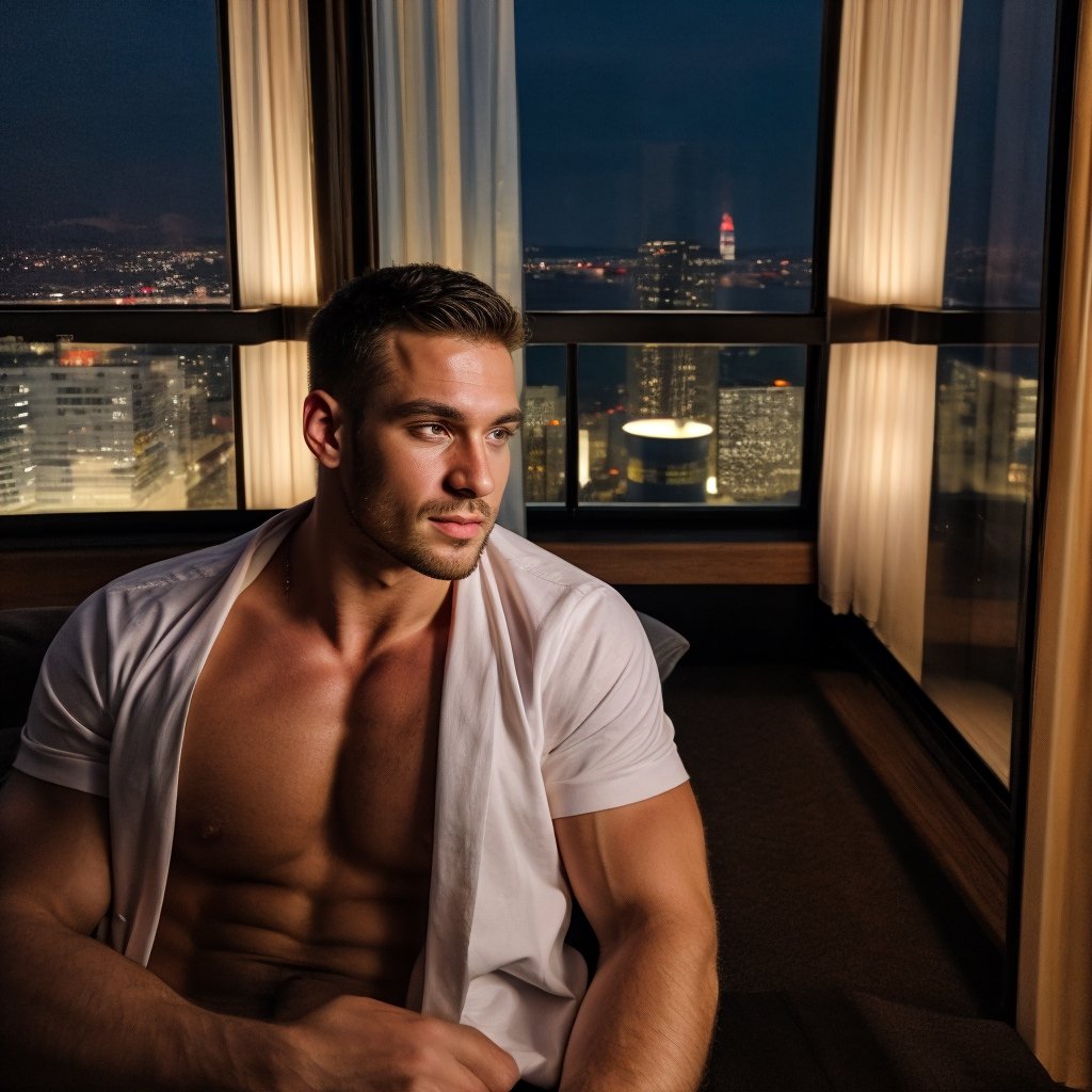 close portrait shot, a muscular attractive handsome man in a luxury hotel room with a big windowed city skyscrappers view, (at night):2, photography, masterpiece, 4k ultra hd, smooth picture,  noise-free realism, sigma 85mm f/1.4