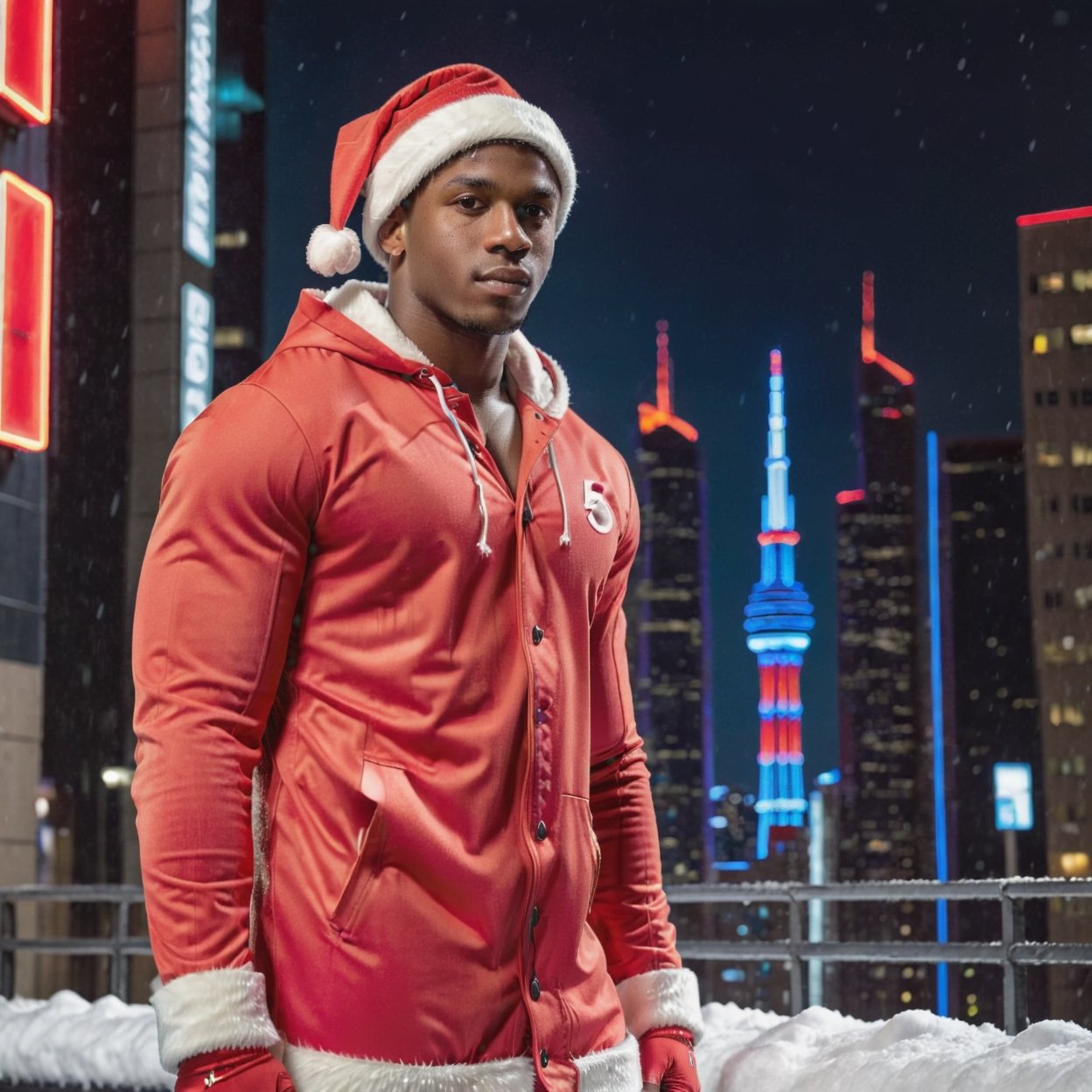 portrait shot, a photograph of a dark skin handsome muscular male teenager wearing santa costume in snowy cyberpunk city, santa hat, red coat, neon lights, skyscrappers, perfect eyes, (at night):2, confident pose, photography, masterpiece, 4k ultra hd, soft lighting, extremely realistic, noise-free realism, sigma 85mm f/1.4, sexy muscular,Extremely Realistic,more saturation 