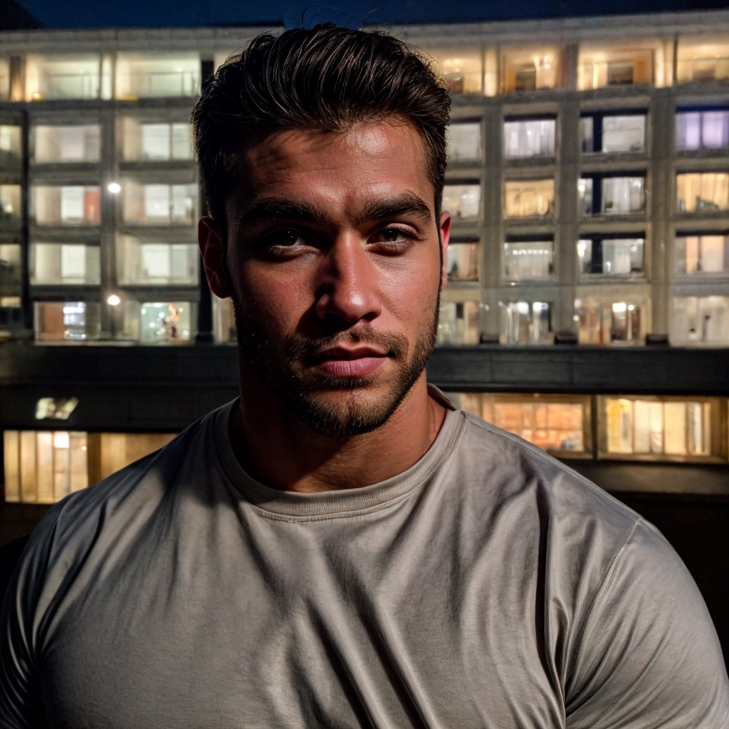 close portrait shot, a muscular attractive handsome man, in a luxury hotel room with a big windowed city skyscrappers view, (at night):2, photography, masterpiece, 4k ultra hd, smooth picture,  noise-free realism, sigma 85mm f/1.4