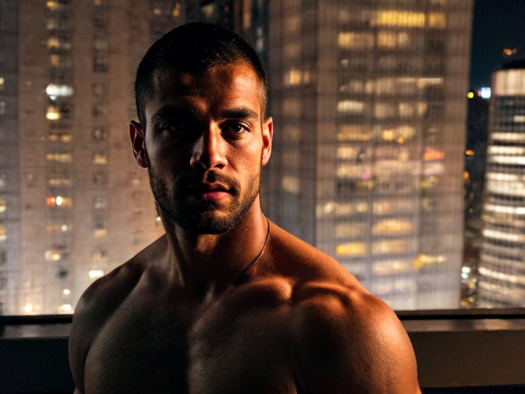 close portrait shot, a dark skin muscular european handsome man, in a luxury room with a big windowed skyscrappers view, shadows accentuating muscles, buzz cut, perfect eyes, (at night):2, photography, masterpiece, 4k ultra hd, soft lighting, extremely realistic, noise-free realism, sigma 85mm f/1.4