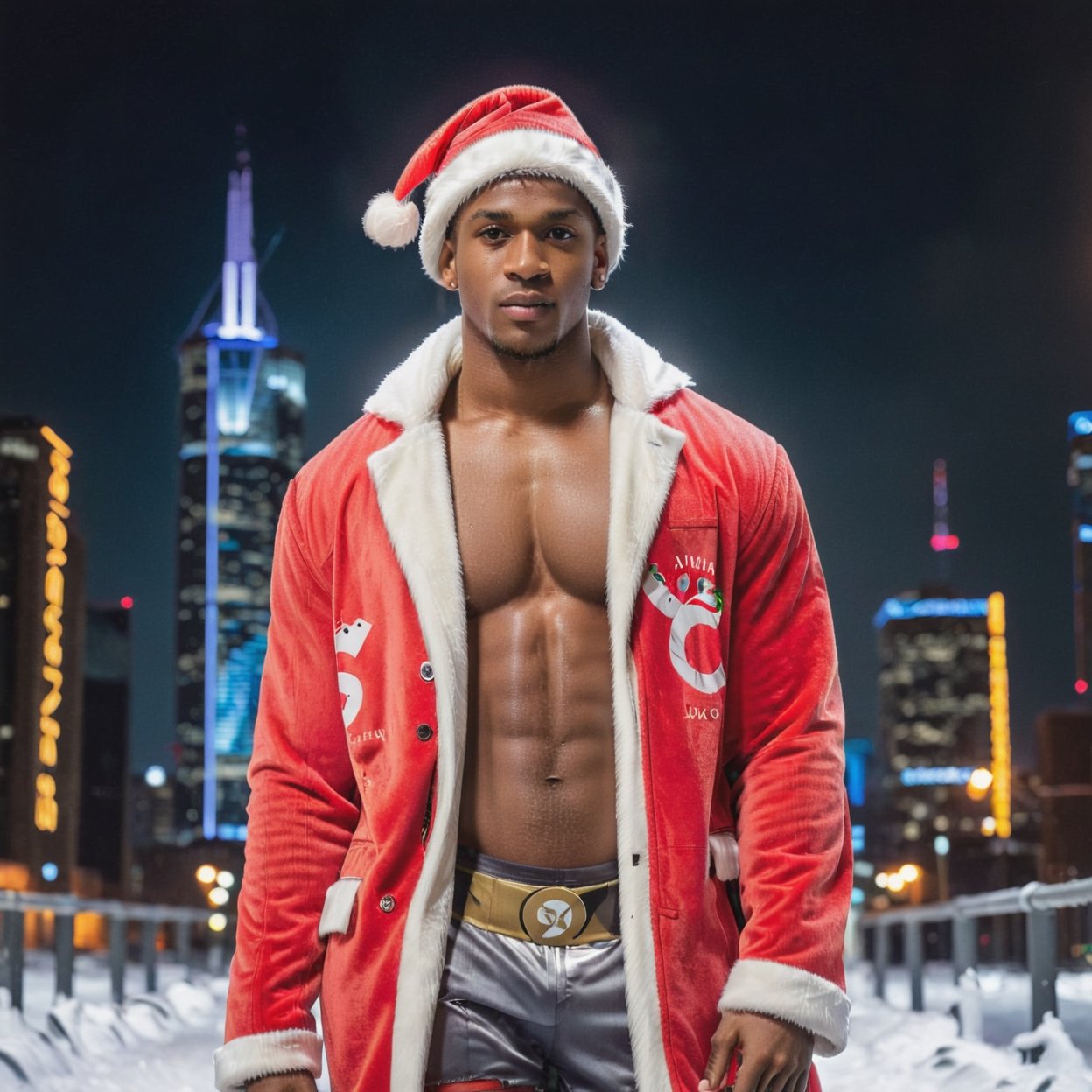 portrait shot, a photograph of a dark skin handsome muscular male teenager wearing santa coat and santa hat in snowy cyberpunk city, neon lights, skyscrappers, perfect eyes, (at night):2, confident pose, photography, masterpiece, 4k ultra hd, soft lighting, extremely realistic, noise-free realism, sigma 85mm f/1.4, sexy muscular,Extremely Realistic,more saturation 