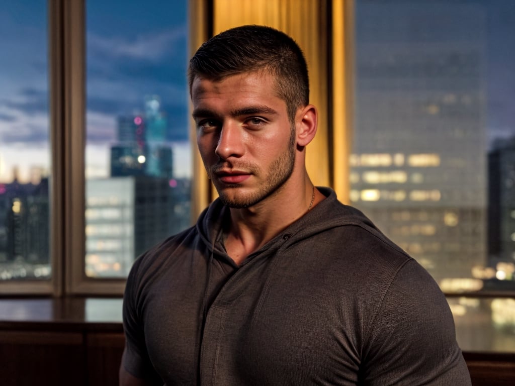 close portrait shot, a young muscular european handsome man, in a luxury room with a big windowed skyscrappers view, shadows accentuating muscles, buzz cut, perfect eyes, (at night):2, photography, masterpiece, 4k ultra hd, soft lighting, extremely realistic, noise-free realism, sigma 85mm f/1.4