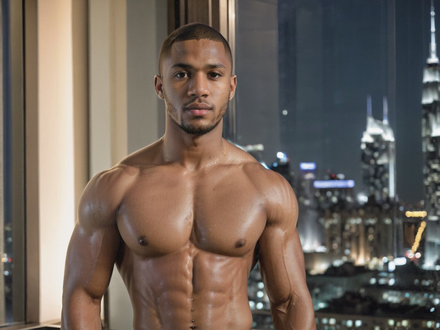 half body portrait shot, a young ebony athletic handsome man, in a luxury hotel room with a big windowed skyscrappers view, shadows accentuating muscles, buzz cut, perfect eyes, confident pose, (at night):2, photography, masterpiece, 4k ultra hd, soft lighting, extremely realistic, noise-free realism, sigma 85mm f/1.4, sexy muscular,Extremely Realistic,more saturation 