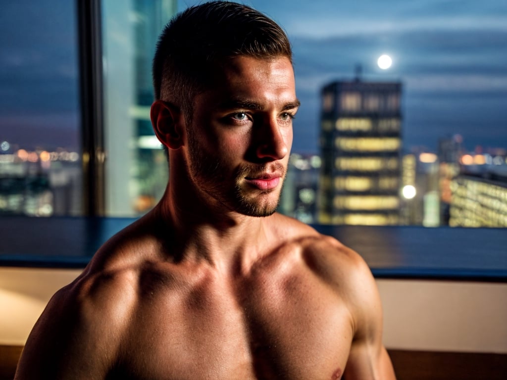 close portrait shot, a young athletic european handsome man, in a luxury hotel room with a big windowed skyscrappers view, shadows accentuating muscles, buzz cut, perfect eyes, (at night):2, photography, masterpiece, 4k ultra hd, soft lighting, extremely realistic, noise-free realism, sigma 85mm f/1.4