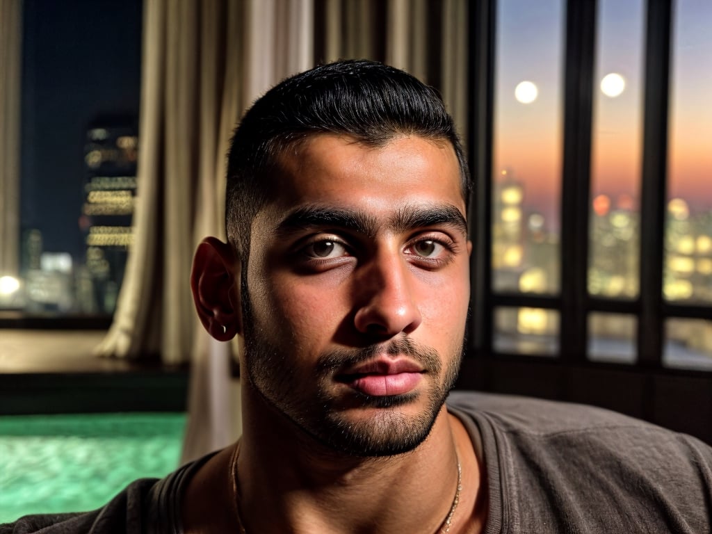 close portrait shot, a young athletic Arabic handsome man, in a luxury hotel room with a big windowed skyscrappers view, shadows accentuating muscles, buzz cut, perfect eyes, (at night):2, photography, masterpiece, 4k ultra hd, soft lighting, extremely realistic, noise-free realism, sigma 85mm f/1.4