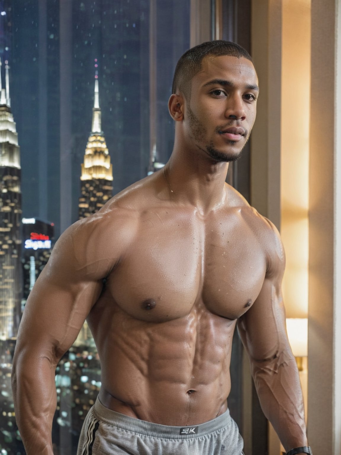 portrait shot, a young ebony athletic handsome man, in a luxury hotel room with a big windowed skyscrappers view, shadows accentuating muscles, buzz cut, perfect eyes, (at night):2, confident pose, photography, masterpiece, 4k ultra hd, soft lighting, extremely realistic, noise-free realism, sigma 85mm f/1.4, sexy muscular,Extremely Realistic,more saturation 