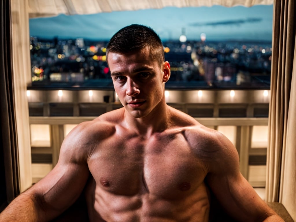 close portrait shot, a young athletic european handsome man, in a luxury hotel room with a big windowed skyscrappers view, shadows accentuating muscles, buzz cut, perfect eyes, (at night):2, photography, masterpiece, 4k ultra hd, soft lighting, extremely realistic, noise-free realism, sigma 85mm f/1.4