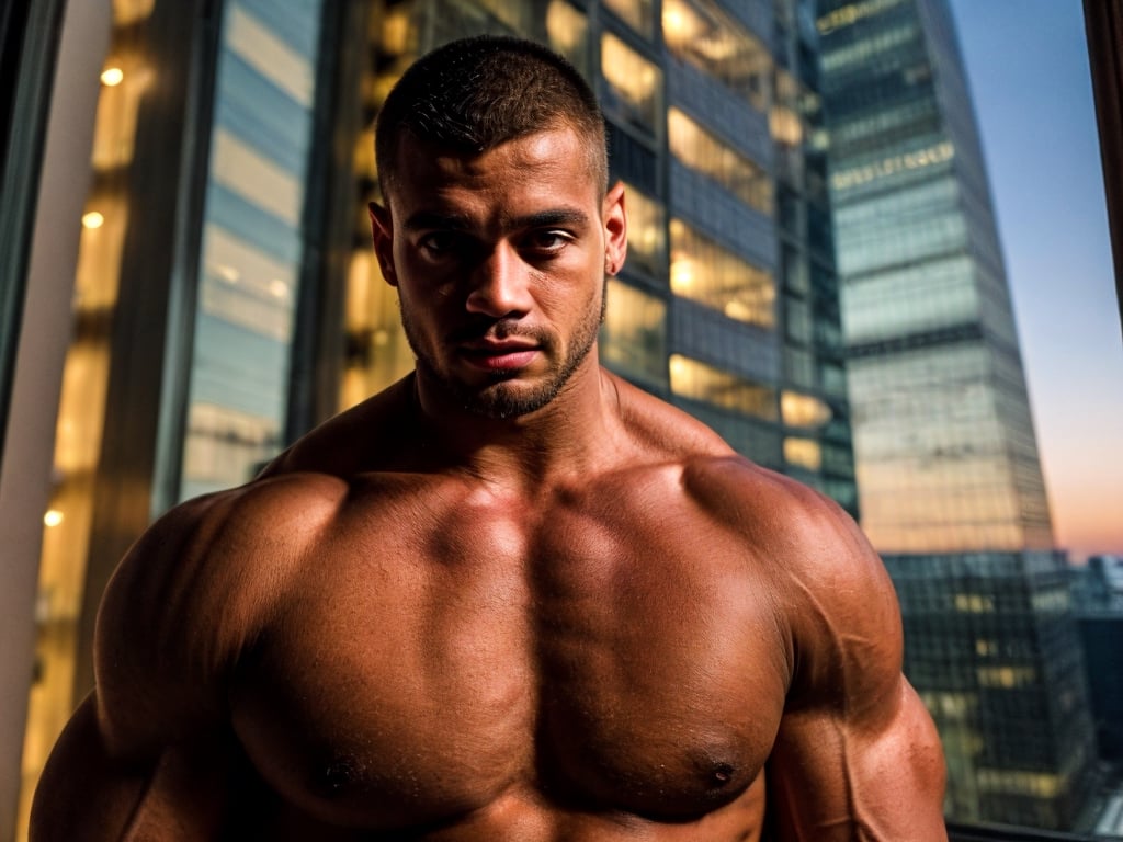 close portrait shot, a dark skin muscular european handsome man, in a luxury room with a big windowed skyscrappers view, shadows accentuating muscles, buzz cut, perfect eyes, (at night):2, photography, masterpiece, 4k ultra hd, soft lighting, extremely realistic, noise-free realism, sigma 85mm f/1.4