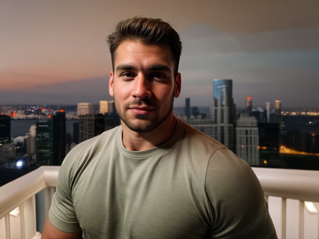 close portrait shot, a muscular attractive handsome man in a bedroom with a big windowed city skyscrappers view, (at night):2, photography, masterpiece, 4k ultra hd, smooth picture,  noise-free realism, sigma 85mm f/1.4