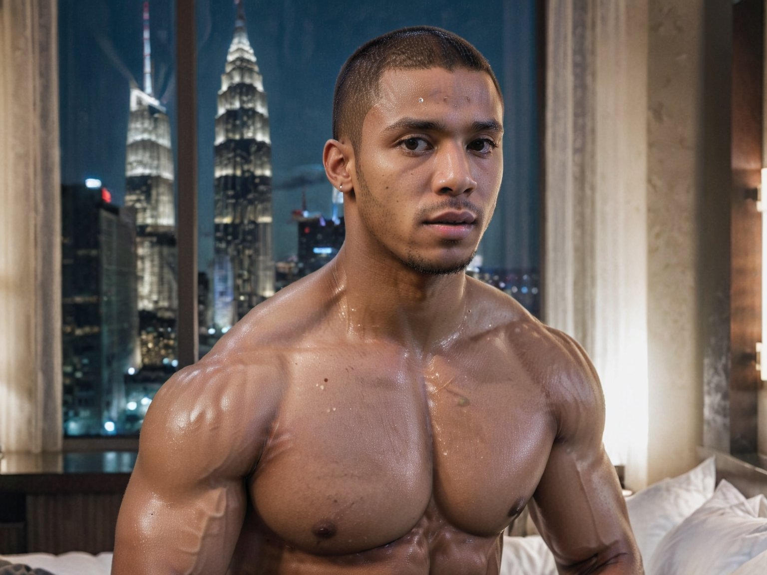 half body portrait shot, a young ebony athletic handsome man, in a luxury hotel room with a big windowed skyscrappers view, shadows accentuating muscles, buzz cut, perfect eyes, (at night):2, photography, masterpiece, 4k ultra hd, soft lighting, extremely realistic, noise-free realism, sigma 85mm f/1.4, sexy muscular,Extremely Realistic,more saturation 