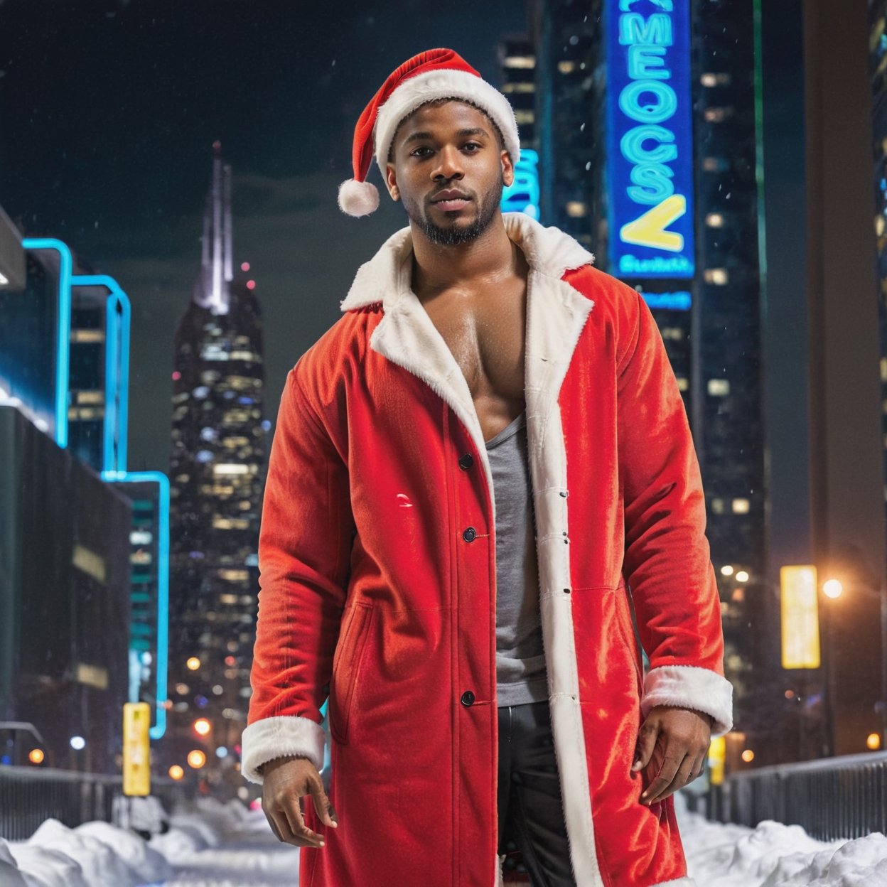 portrait shot, a photograph of a dark skin bearded handsome muscular male teenager wearing santa coat and santa hat, in a snowy cyberpunk city, neon lights, skyscrappers, perfect eyes, (at night):2, confident pose, photography, masterpiece, 4k ultra hd, soft lighting, extremely realistic, noise-free realism, sigma 85mm f/1.4, sexy muscular,Extremely Realistic,more saturation 