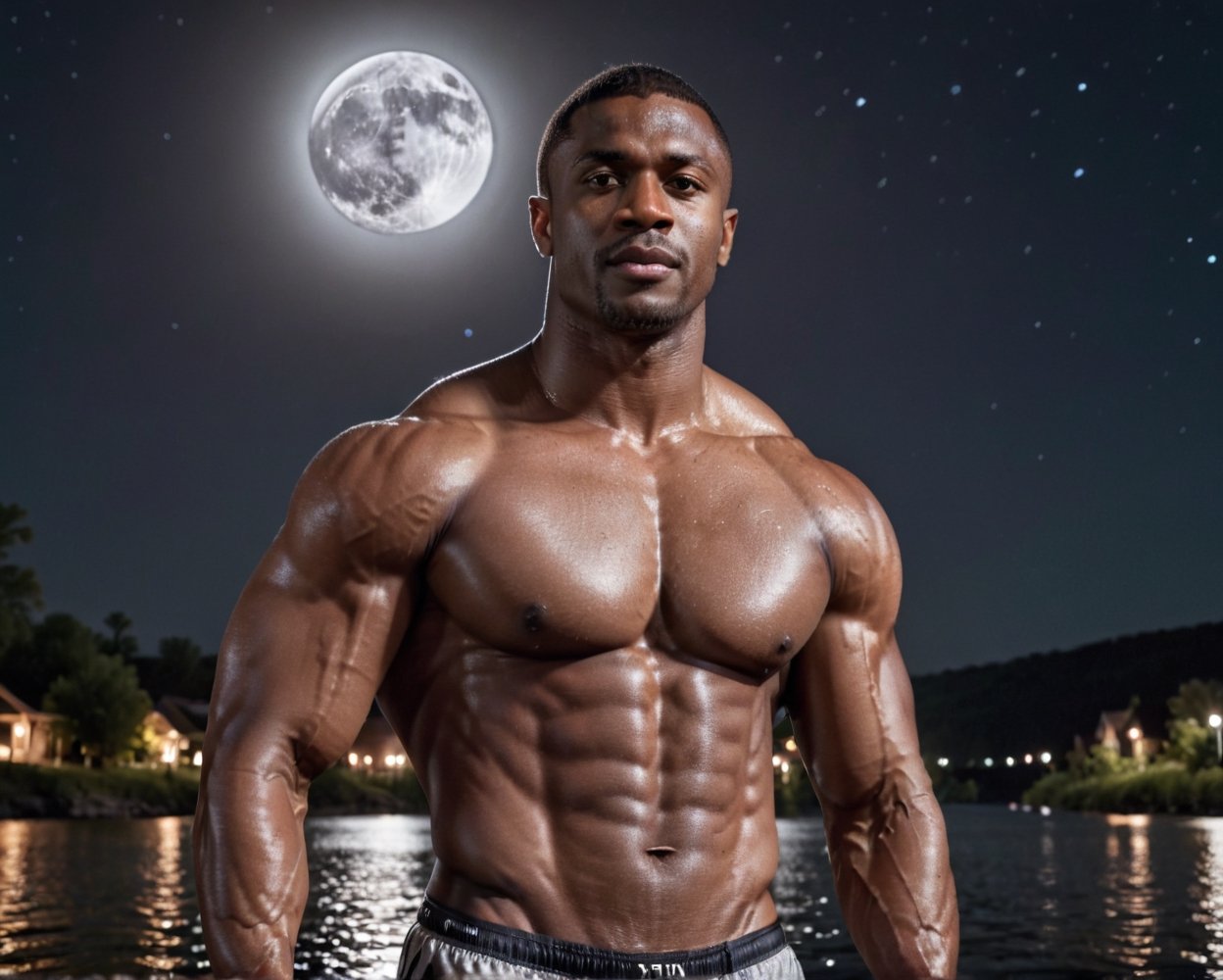 half protrait shot, a handsome dark skin muscular man standing in the moon river, pov_at_viewer, (at night):1.5, bulging biceps, chiseled physique, Arial view, photography, masterpiece, 4k, extremely realistic, noise-free realism, sigma 85mm f/1.4, more saturation