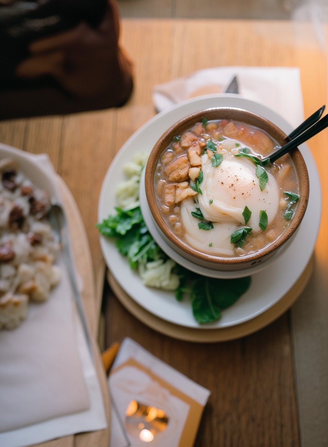 35mm —w 1920 —h 1080, Photograph of a steaming bowl of ramen captured in a cozy (((from above))) symetrical, atmospheric setting, 35mm film, high resolution 1920x1080, Fujifilm GFX 50R, detailed food photography, warm lighting, cinematic composition