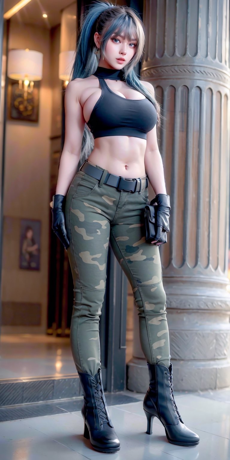 masterpiece, best quality, highres, 1girl, leona heidern, solo, blue eyes, blue hair, ponytail, tank top, camouflage pants, jewelry, boots, cleavage, camouflage, bare shoulders, large breasts, crop top, pouch, bangs, belt, earrings, sleeveless, midriff, long hair, military, triangle earrings, black gloves, dynamic pose, cowboy shot:1.3,clearire1