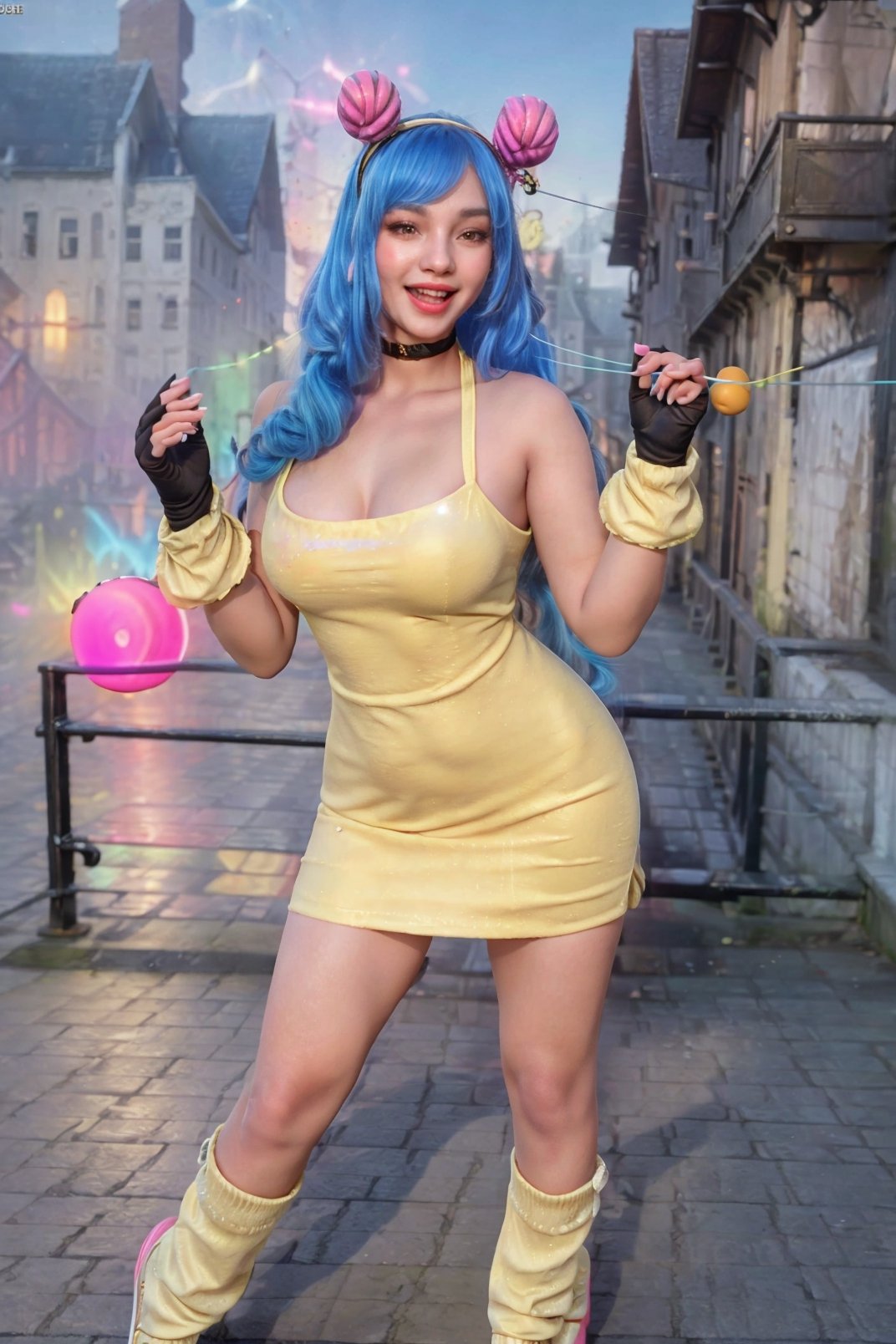 a woman in a yellow dress, (((holding and playing a yo-yo))), long blue hair, smile, open mouth, socks, gloves, blue hair, braid, hairband, tiara with horns shaped like musical notes, gloves without fingers, pink eyes, tiara on the head, music,Mobile legends,
skin, realistic,
photon mapping
more details
16k,Hdr,cg, 3d, maintain maximum image detail,photography,high resolution,Anti Aliasing,(((SEXY)))








