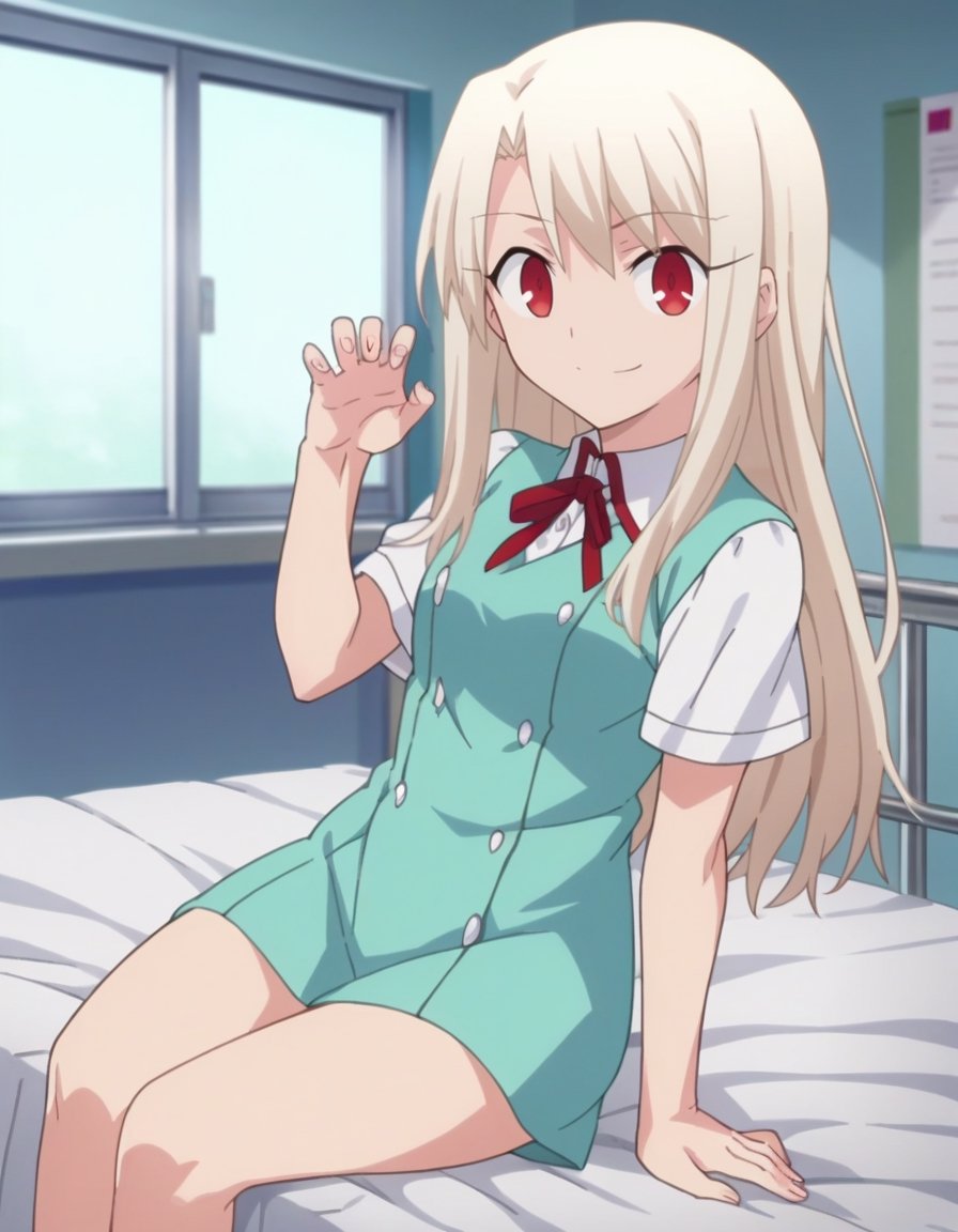 score_9,score_8_up,score_7_up,source_anime ,anime screencap,anime coloring,illyasviel_von_einzbern,long hair,white hair,red eyes,homurahara academy school uniform,ultra cute girl,cute pose,indoors, hospital,bed,sitting, looking at viewer, cowboy shot, dutch angle,solo,kawaii smile,fsn_ubw_style