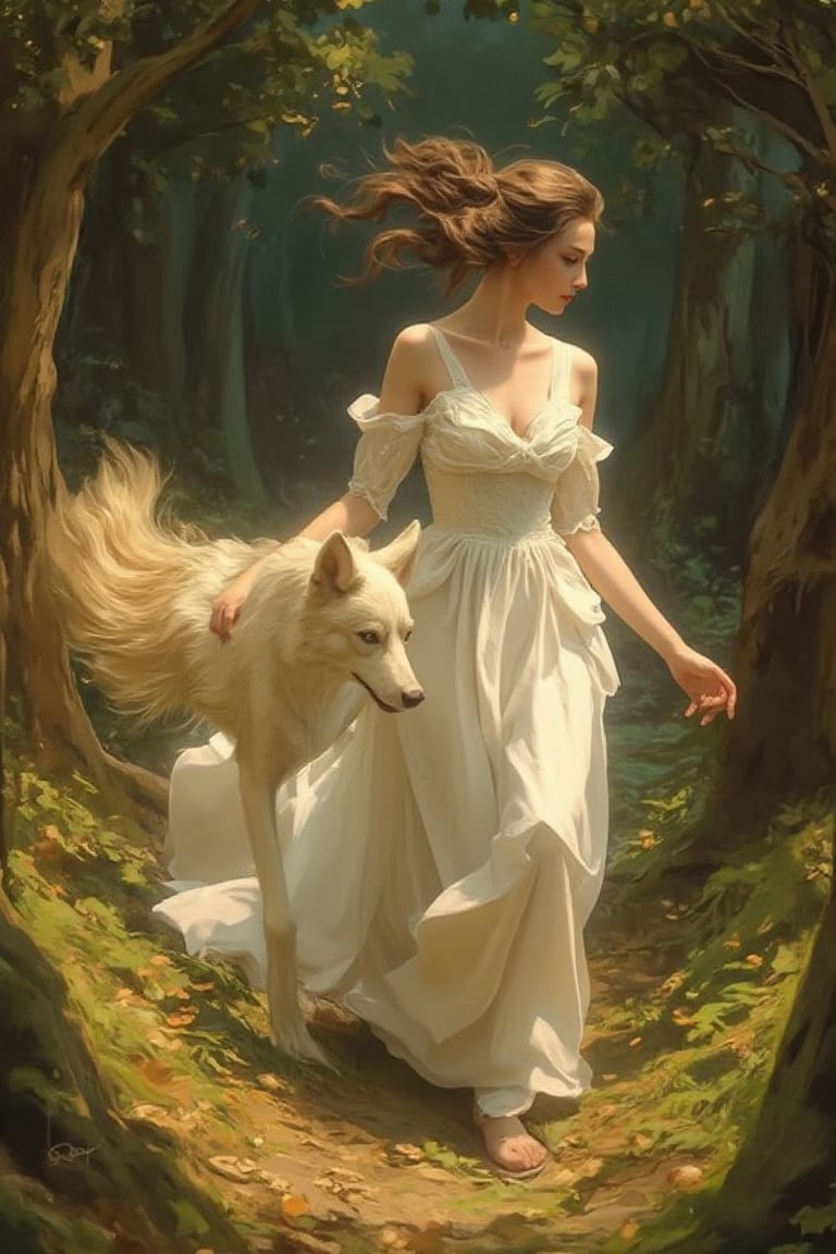 Fantasy concept art. Medium shot. A woman in a flowing white dress walks a wolf-like female creature in a lush forest. Low-angle shot. Vibrant oil painting with triadic colors. Golden accents on the wolf's fur shimmer in the light. Delicate, swirling patterns adorn the woman's dress. Soft, ethereal glow emanates from the forest floor. Warm, golden lighting with deep shadows. Best quality, 8k resolution, highly detailed, intricate, trending on Artstation, Unreal Engine 5, digital artwork, matte painting, fantastical, complementary colors, deep color, Kentetsu style, Japanese aesthetic, fantasy woman, femme fatale, wolf girl, fox lady, golden wolf.