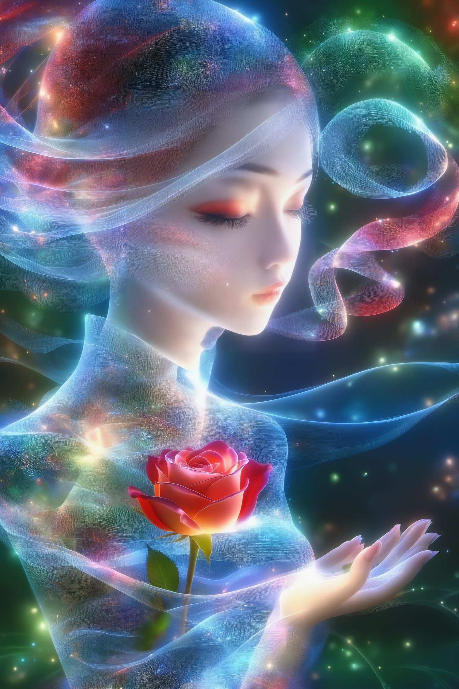 Beautiful Asian girl with pretty face holding and kissing a red rose in a complex mathematics in relation with free fall physical processes hologram, long hair glowing, line glowing surrounds the body on a Mandel Brot fractal  in hologram background..