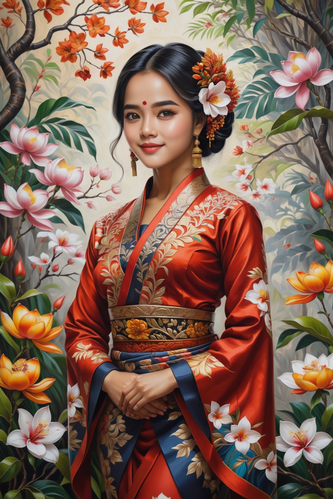 Oil painting,  a beautiful woman in modern Indonesian traditional clothing with intricate floral patterns,  standing elega...