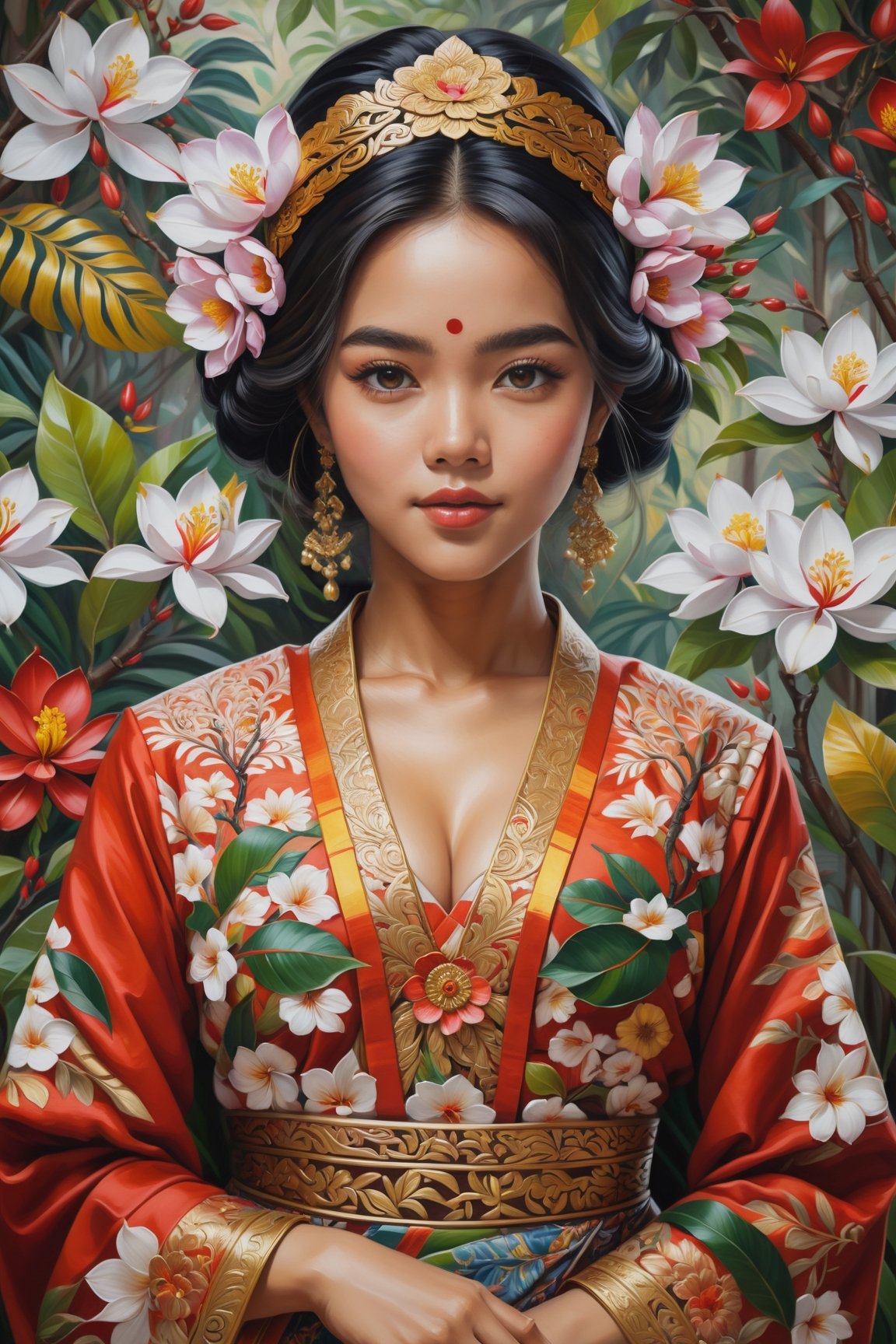 Oil painting,  a beautiful woman in modern Indonesian traditional clothing with intricate floral patterns,  standing elega...