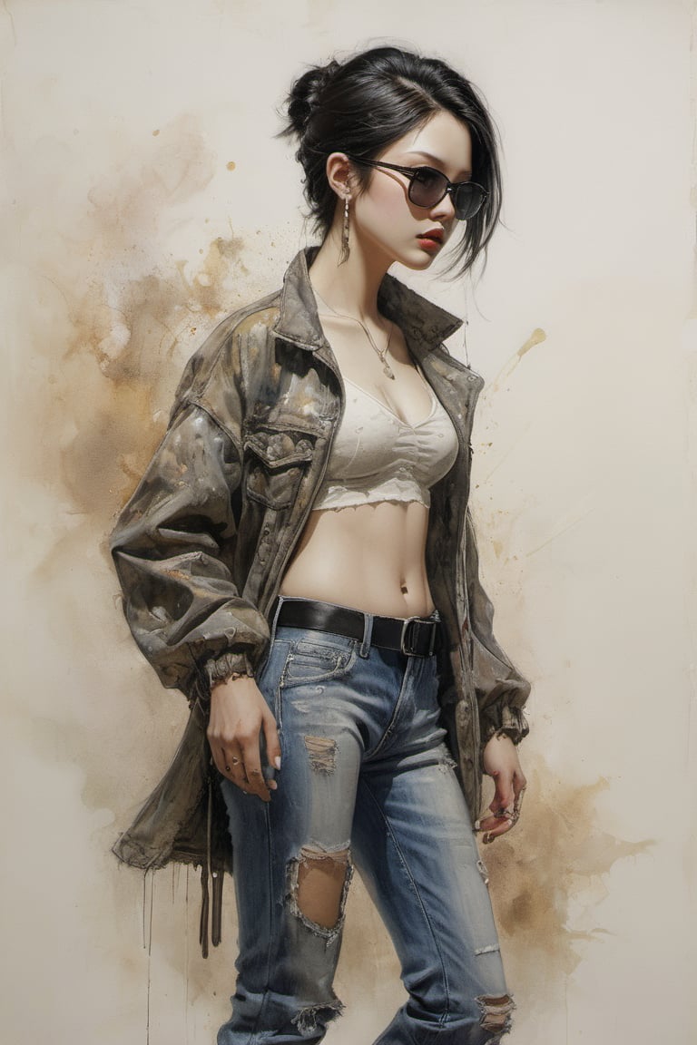 A Luis Royo inspired painting full body View of a young alluring asian woman with short stylised black hair, sunglasses, crushing against a muted background with splashing paints, hand under the chin. She wears a distressed, multi-colored jacket, a laced-up top, low-waist short denim, and high-heeled boots. The woman's intense gaze is directed towards the viewer.