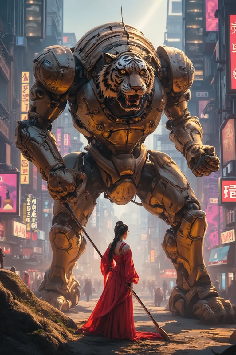 Ink painting with subtle watercolor texture. Medium shot. A massive tiger mecha robot stands in a dystopian cityscape next to a girl wearing traditional Chinese warrior costume, holding a spear. Low-angle shot. Inspired by classical Chinese art and futuristic sci-fi. Soft brushstrokes, ink bleeding, and subtle texture. Neon lights reflecting off metallic surfaces, warm golden hour glow, deep blues and purples in the shadows. Detailed, intricate, and realistic, with a sense of atmosphere and depth. 8k resolution, Artstation-worthy, Unreal Engine 5 quality. Trending fantasy concept art, splash screen, cinematic, fantastical, deep color, matte painting.