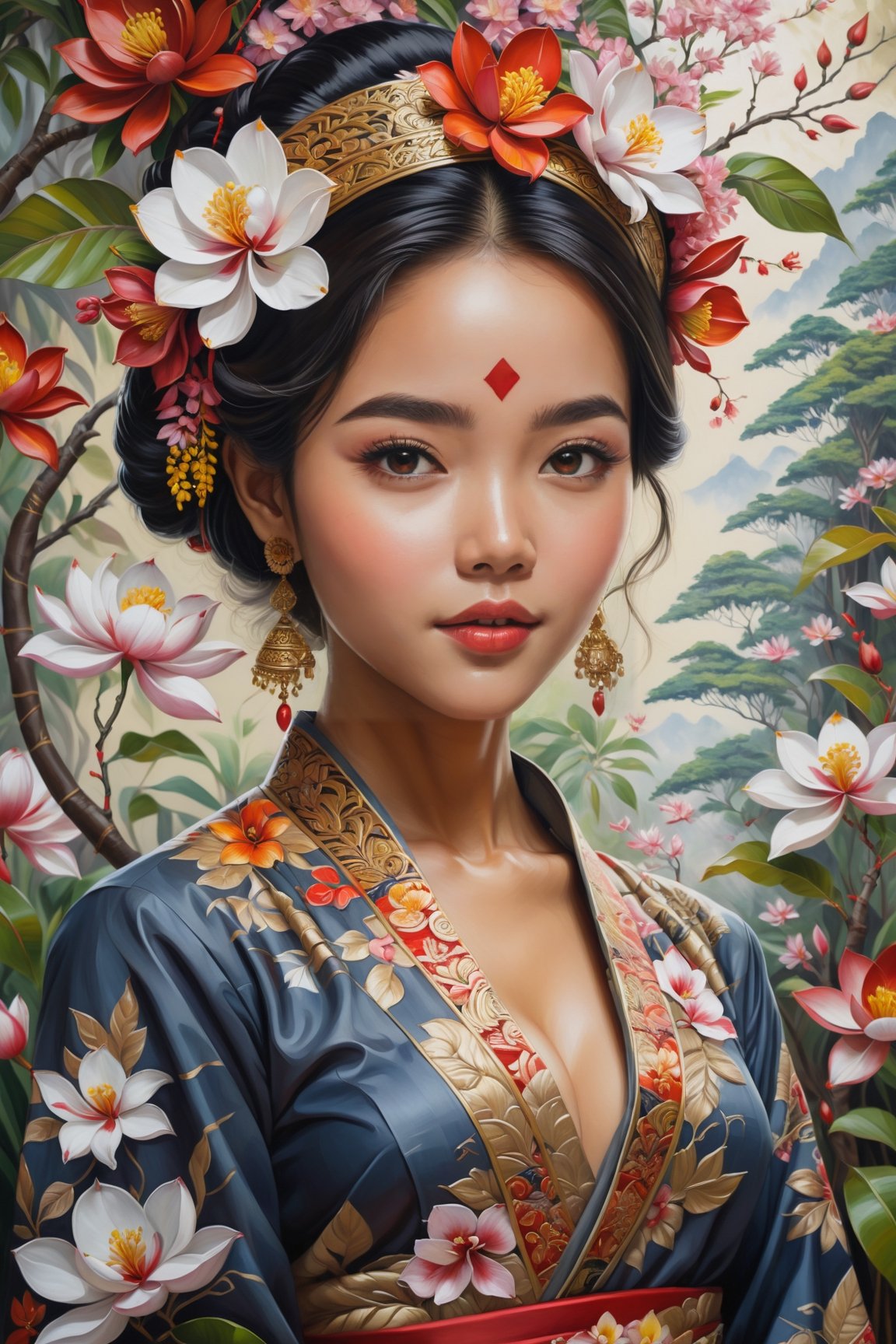 Oil painting,  a beautiful woman in modern Indonesian traditional clothing with intricate floral patterns,  standing elega...