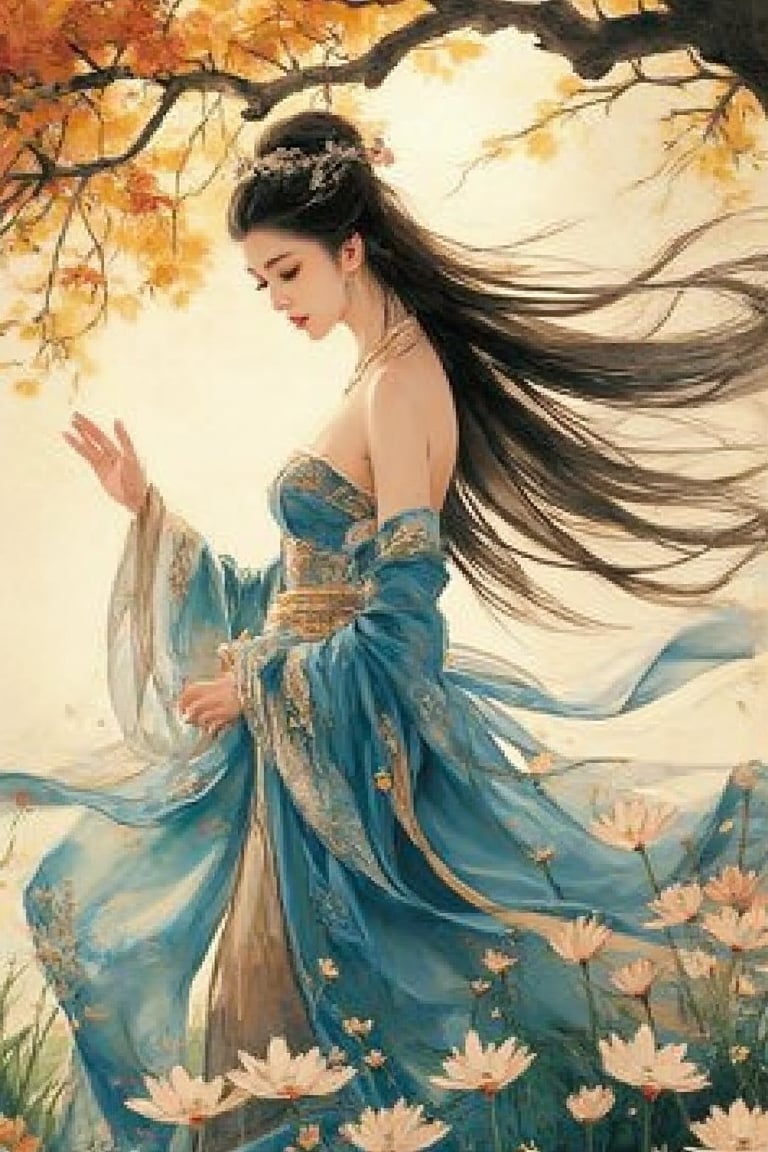 Traditional Chinese watercolor painting. Medium shot. A beautiful Chinese woman with long black hair adorned with ancient jewelleries, wearing halter top hanfu, dancing on a daisy garden near an old tree. Soft focus. Dreamy, ethereal art style reminiscent of Qi Baishi and Wu Guanzhong. Expressive, bold brushstrokes with visible texture. Soft, diffused lighting with warm, golden hues. Vibrant, complementary colors with deep blues and greens. Detailed, intricate patterns on ancient jewelleries and traditional clothing. Fantastical, whimsical atmosphere with subtle, splashed ink effects. Best quality, 8k resolution, trending on Artstation.