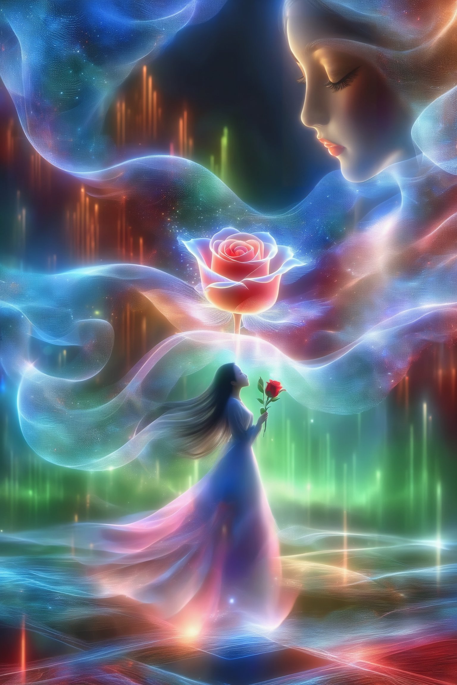 Beautiful Asian girl with pretty face holding and kissing a red rose in a complex mathematics in relation with free fall physical processes hologram, long hair glowing, line glowing surrounds the body on a Mandel Brot fractal  in hologram background..