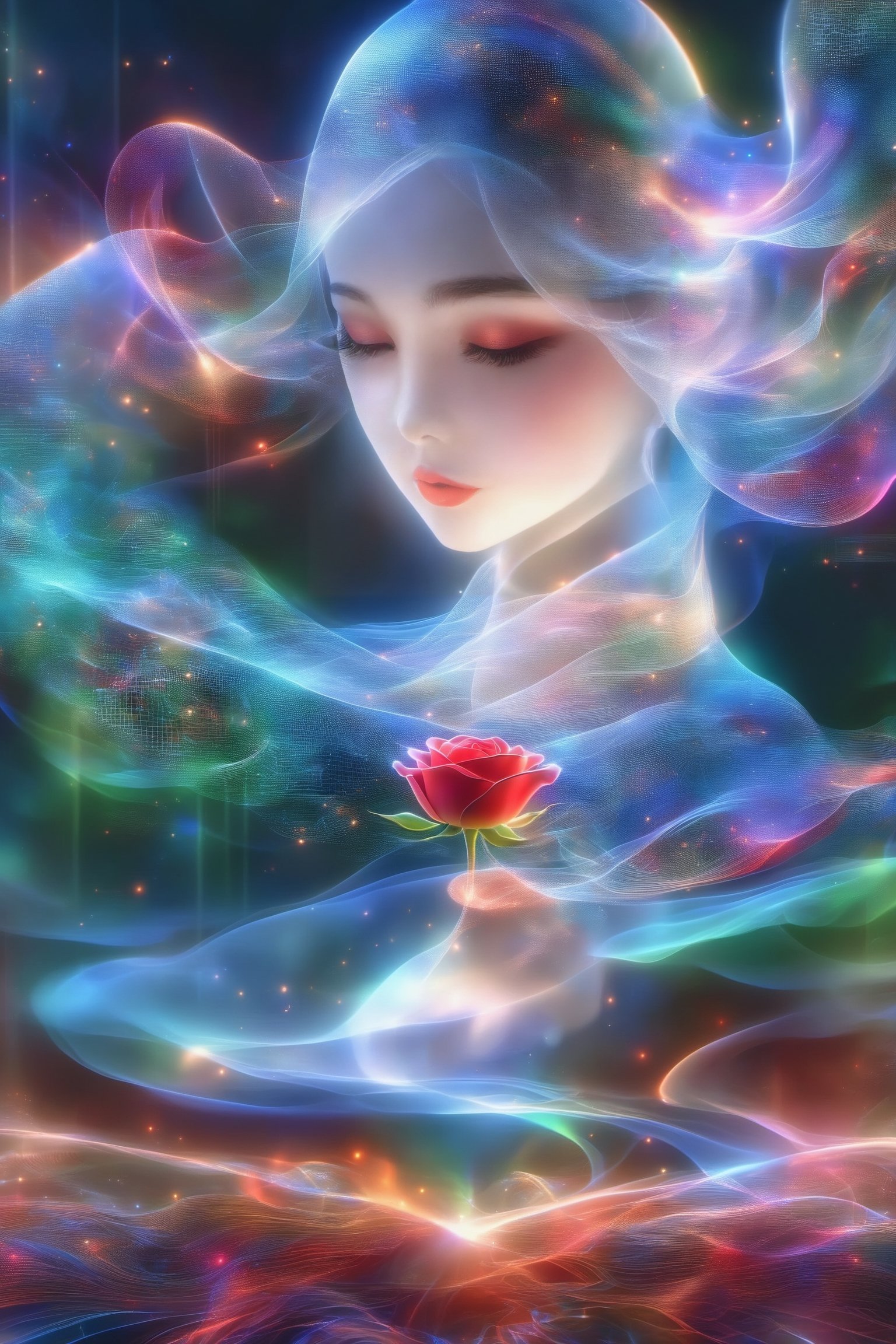 Beautiful Asian girl with pretty face holding and kissing a red rose in a complex mathematics in relation with free fall physical processes hologram, long hair glowing, line glowing surrounds the body on a Mandel Brot fractal  in hologram background..