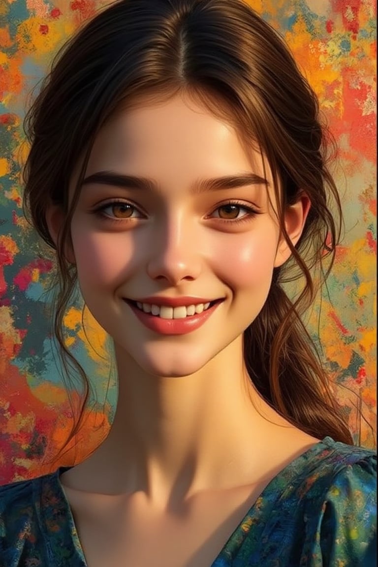 Expressive oil painting. Medium shot. A young girl with brown eyes and dark hair smiles warmly against an abstract colorful background. Medium shot. Impressionist style with textured brushstrokes. Soft, golden light dancing across her skin. Vibrant colors blending in the background. Deep, rich colors, high contrast, bold composition, intricate detail, 8k resolution, trending on Artstation, Unreal Engine 5, Art Nouveau, Gustav Klimt, abstract expressionism, complementary colors, warm color palette, golden hour lighting.