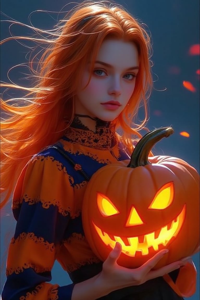 Detailed matte painting. Full body side shot. Beautiful woman in vibrant orange and black striped Halloween costume, striking features, holding a glowing pumpkin, pumpkin patch design on her shirt, with bright orange hair flowing in the wind. Glowing warm light spilling from the pumpkin, casting intricate shadows on her face and costume. Deep blues and purples in the background, complementary to the orange and black, creating a fantastical atmosphere. Fantasy concept art style, reminiscent of Ash Thorp and Simon Stalenhag. Best quality, 8k resolution, trending on Artstation, Unreal Engine 5 level of detail. Intricate textures, detailed fabrics, and accessories. Vibrant colors, bold brushstrokes, and atmospheric lighting.