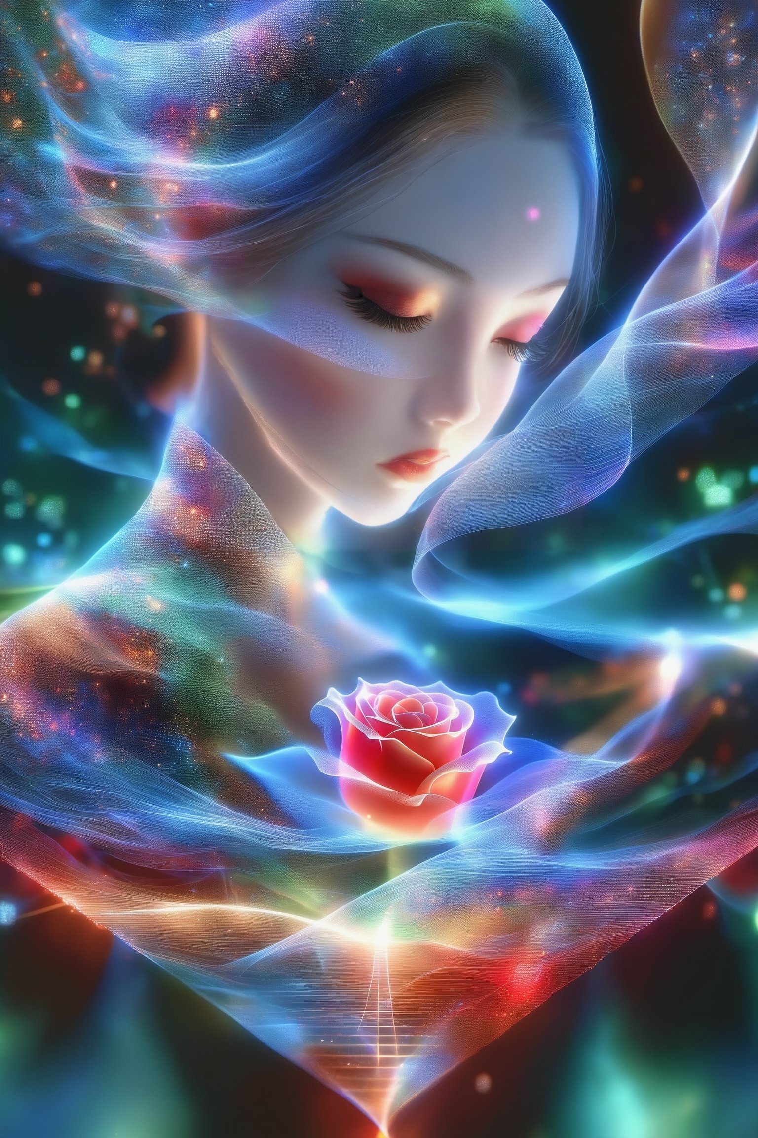 Beautiful Asian girl with pretty face holding and kissing a red rose in a complex mathematics in relation with free fall physical processes hologram, long hair glowing, line glowing surrounds the body on a Mandel Brot fractal  in hologram background..