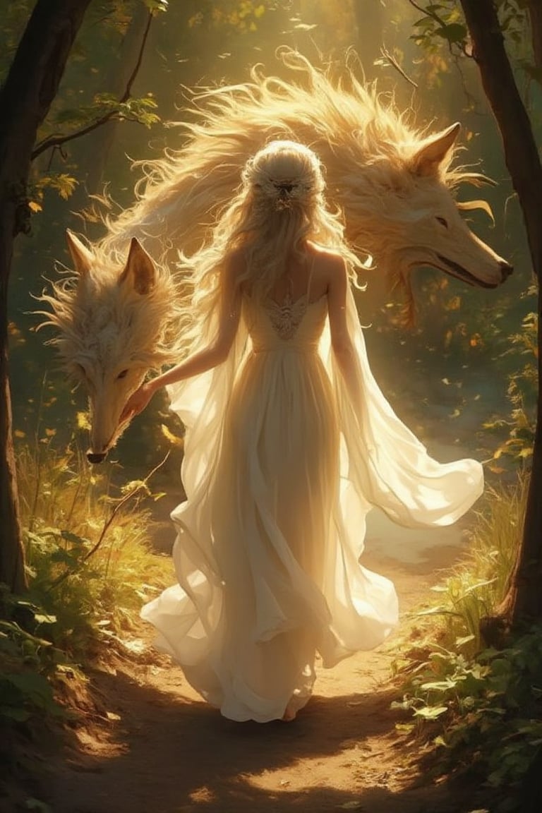 Fantasy concept art. Medium shot. A woman in a flowing white dress walks a drgon-like creature in a lush forest. Low-angle shot. Vibrant oil painting with triadic colors. Golden accents on the wolf's fur shimmer in the light. Delicate, swirling patterns adorn the woman's dress. Soft, ethereal glow emanates from the forest floor. Warm, golden lighting with deep shadows. Best quality, 8k resolution, highly detailed, intricate, trending on Artstation, Unreal Engine 5, digital artwork, matte painting, fantastical, complementary colors, deep color, Kentetsu style, Japanese aesthetic, fantasy woman, femme fatale, wolf girl, fox lady, golden dragon.