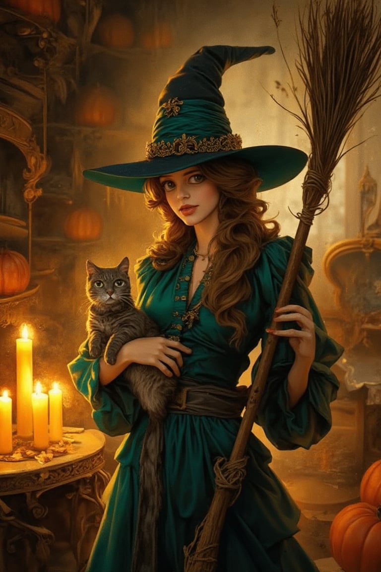 Oil painting. Medium shot. A beautiful female witch holding a broom and cat, surrounded by pumpkins and candles, in a cozy wizard's shop. Warm light. Whimsical brushstrokes of László Beszédes. Soft, golden tones and rich textures of Jean-Baptiste Monge's art style. Vibrant colors and intricate details of fantasy concept art. Complementary colors of emerald green and amber. Deep, mystical atmosphere with a hint of magic realism. 8k resolution, detailed matte painting, trending on Artstation. Unreal Engine 5 quality. Granny Weatherwax inspiration. Storybook illustration style. Fantastic and intricate.