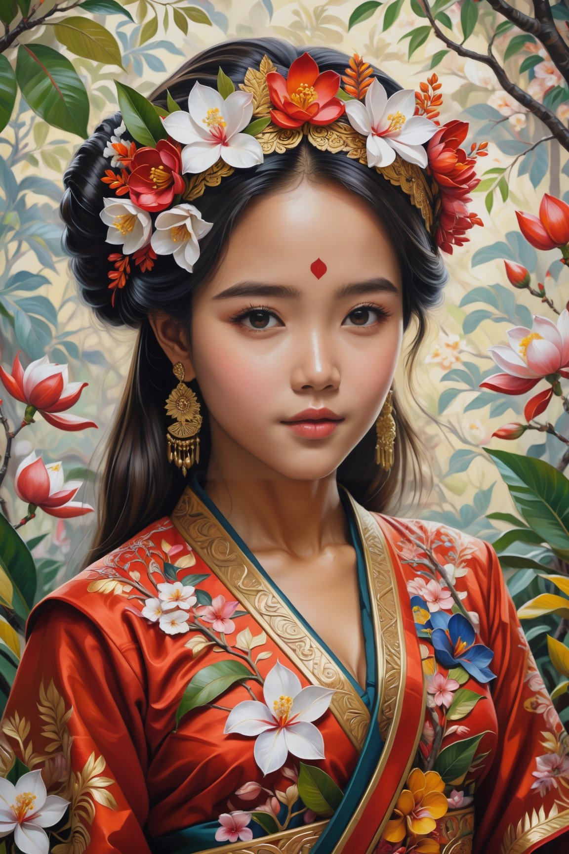 Oil painting,  a beautiful woman in modern Indonesian traditional clothing with intricate floral patterns,  standing elega...