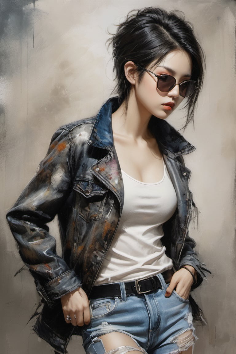 A Luis Royo inspired painting full body View of a young alluring asian woman with short stylised black hair, sunglasses, leaning against a muted background with splashing paints, hand under the chin. She wears a distressed, multi-colored jacket, a laced-up top, low-waist short denim, and high-heeled boots. The woman's intense gaze is directed towards the viewer.