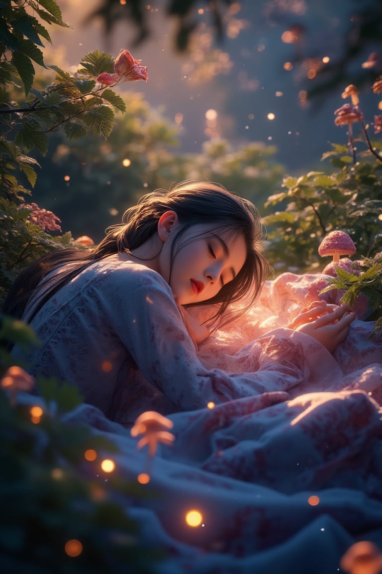 Fantasy concept art. Medium shot. A serene Asian girl sleeps in a tranquil forest, surrounded by vibrant foliage. Warm sunlight filters through the leaves. Dreamy, ethereal atmosphere with soft, feathery textures. Gentle, glowing mushrooms and fireflies dance around her. Deep blues and purples contrast with warm golden light. Detailed, intricate patterns on her traditional clothing. Soft focus, shallow depth of field. Best quality, 8k resolution, Unreal Engine 5 style. Trending on Artstation. Matte painting. Deep color. Complementary colors. Fantasy landscape. Serene atmosphere.