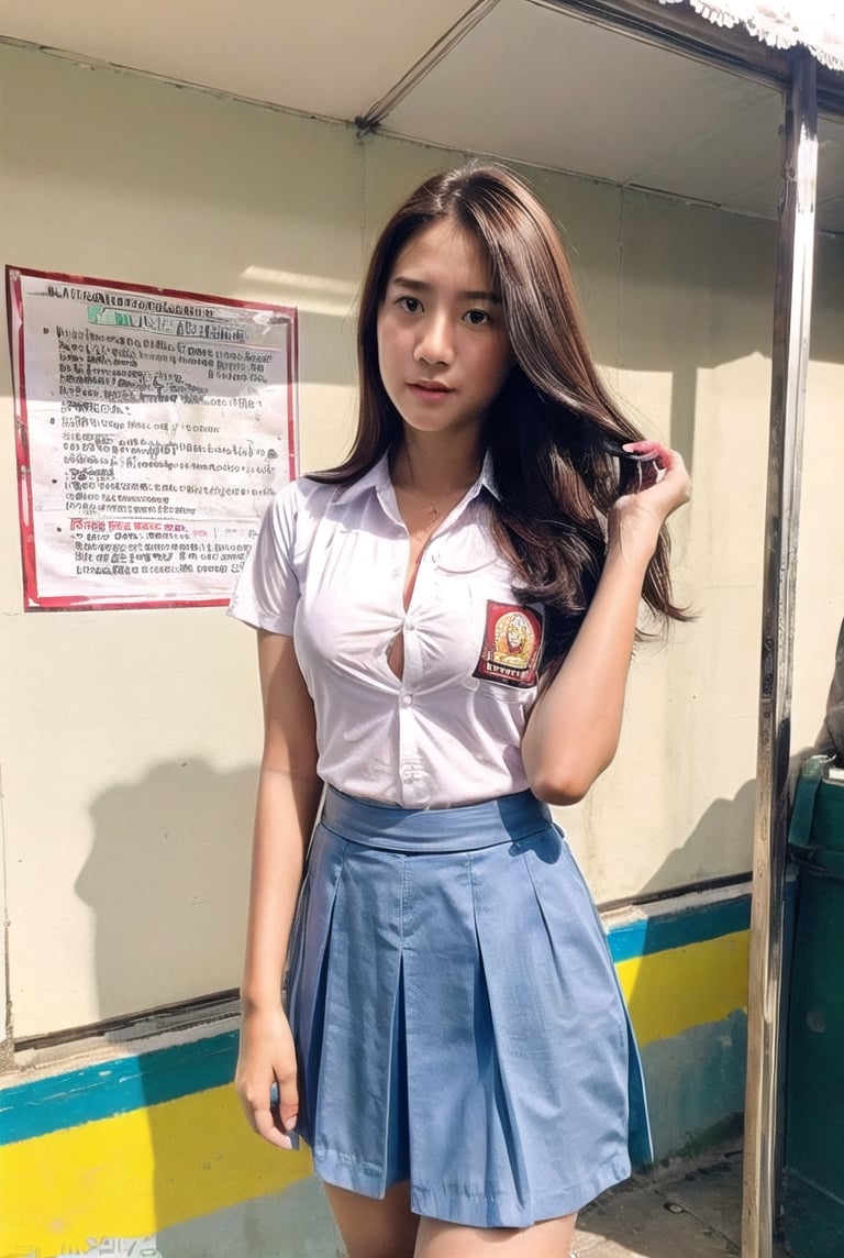 1girl, big breast, wearing a blue skirt, wearing indonesian high school uniform, standing on the market, black hair embarrassed facial expression,wearing indonesian high school uniform text on the wall "SMA MILENIAL"

reality HD 8k