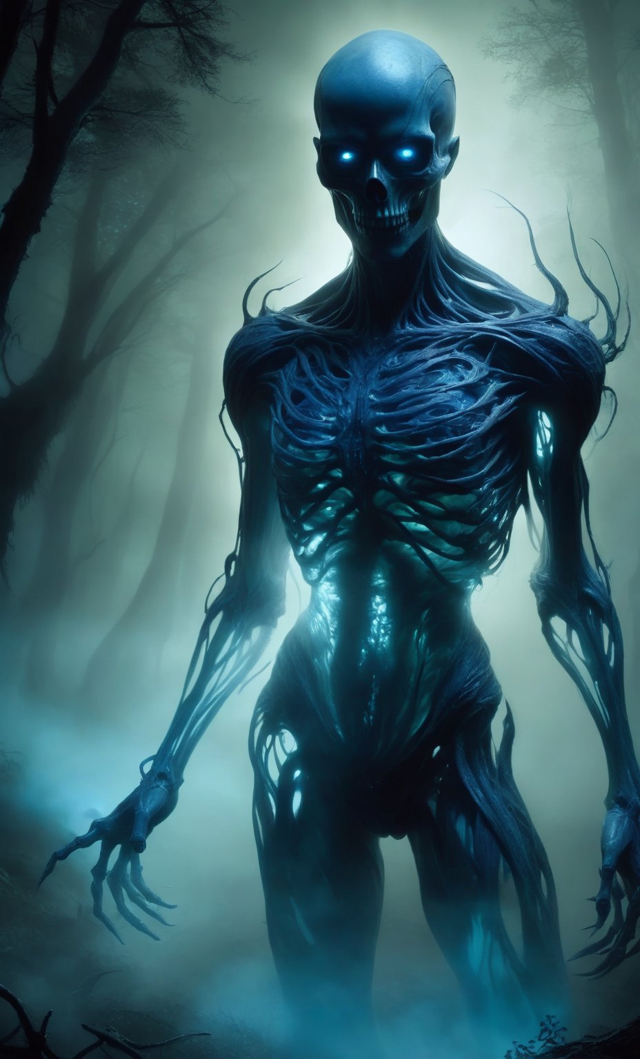 eerie, menacing expression, the figure is made of swirling shadows and ethereal blue light, skeletal appearance, the figure is holding a skull with elongated, claw-like fingers, otherworldly body, no clothing discernible, dense forest background, tall trees, eerie green-blue light, slight fog, spooky and dark atmosphere, mysterious, supernatural creature, dramatic and intense lighting, shadows enhancing the terrifying effect, artistry creating a sense of unease and horror.