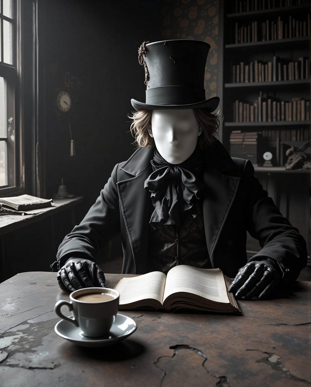 A white faceless mannequin dressed as the Mad Hatter from Alice in Wonderland, seated at a rustic wooden table in a dimly lit, melancholic room. The mannequin wears a vintage top hat, an oversized coat, and a ruffled shirt. In front of it, a worn book lies open alongside a steaming cup of coffee. The room is filled with old, Victorian-era decor—dusty bookshelves, a ticking clock, and faded wallpaper with intricate patterns. /mono Black-and-white photography, soft shadows, with an atmospheric, nostalgic feel.