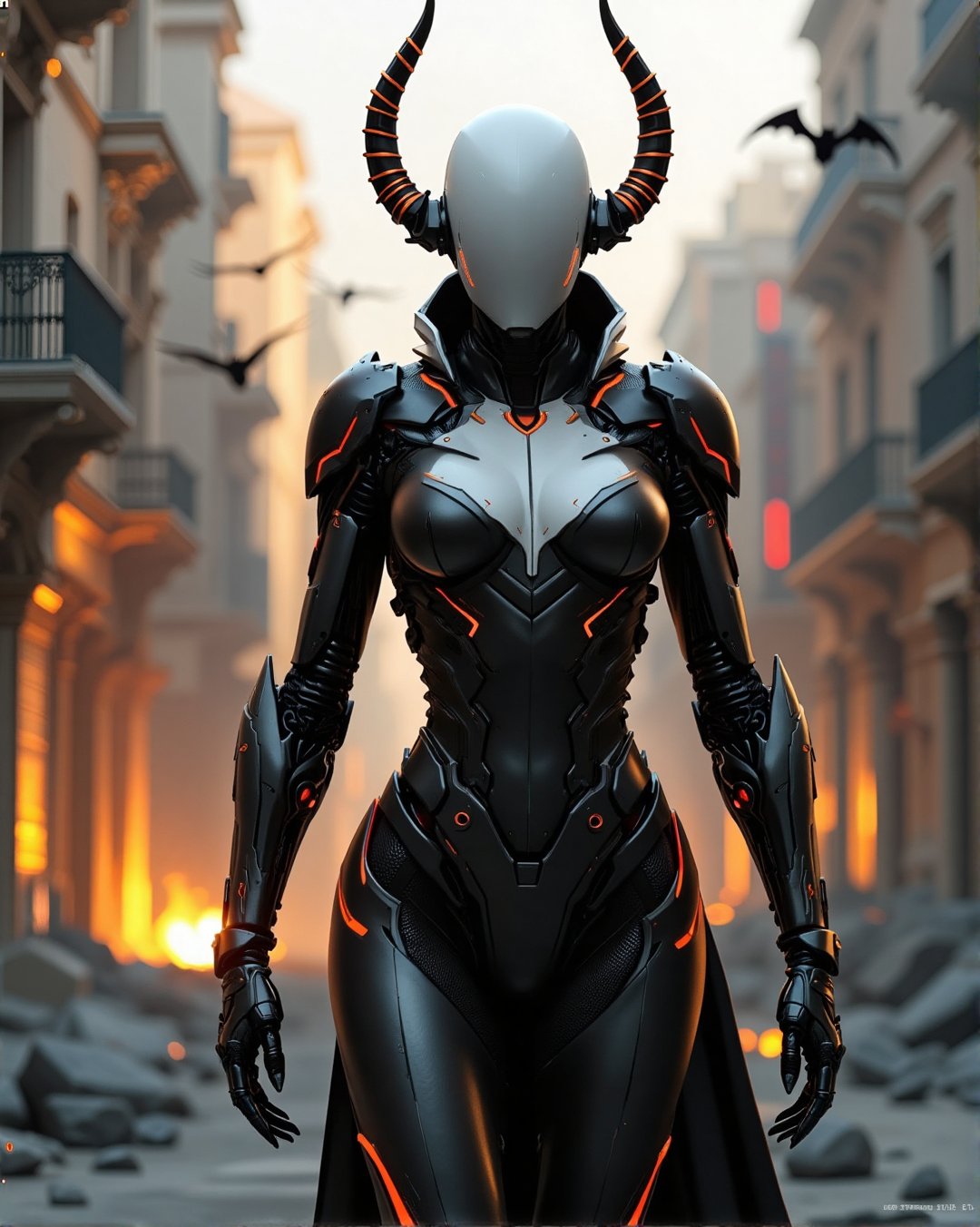 perfect ((anime masterpiece)) manga illustration white bald devil female faceless mechanical mannequin with horns standing empowered, (((with black, orange and  flashing red armor suit))), in apocalyptic futuristic roman city, graves and bats, burned avenue inferno, coal, ashes and flames, knee cam shot, cowboy shot, wide shot,score_9,score_8_up,score_7_up,score_6_up,score_5_up,score_4_up,source_anime,egghead,mechanx