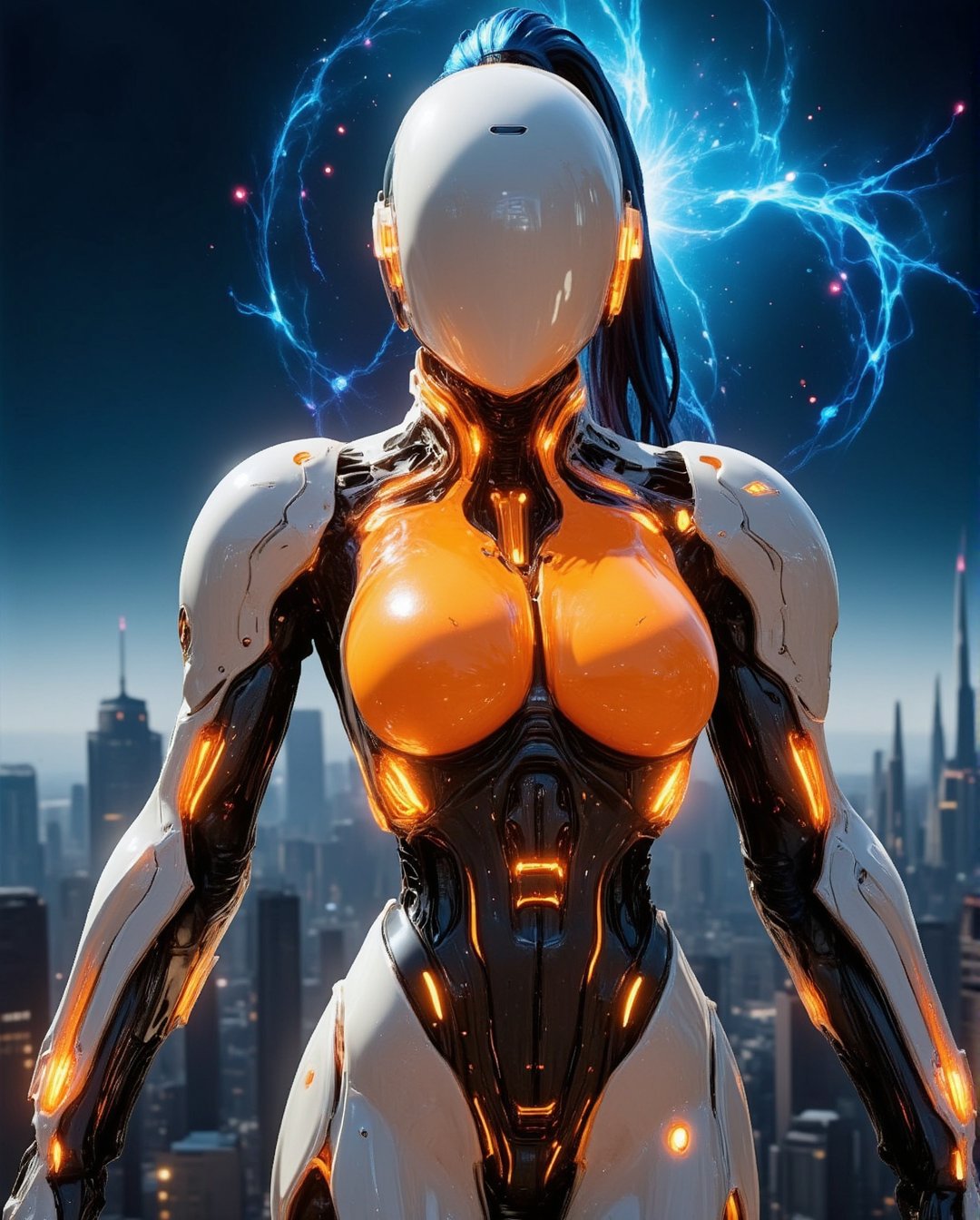 white female faceless mannequin with blue ponytail wearing a mecha futuristic  orange glowing cyborg suit in an alien planet with glalaxy in the sky, three-quarter Hero pose, perfect cowboy shot. cyborg_master