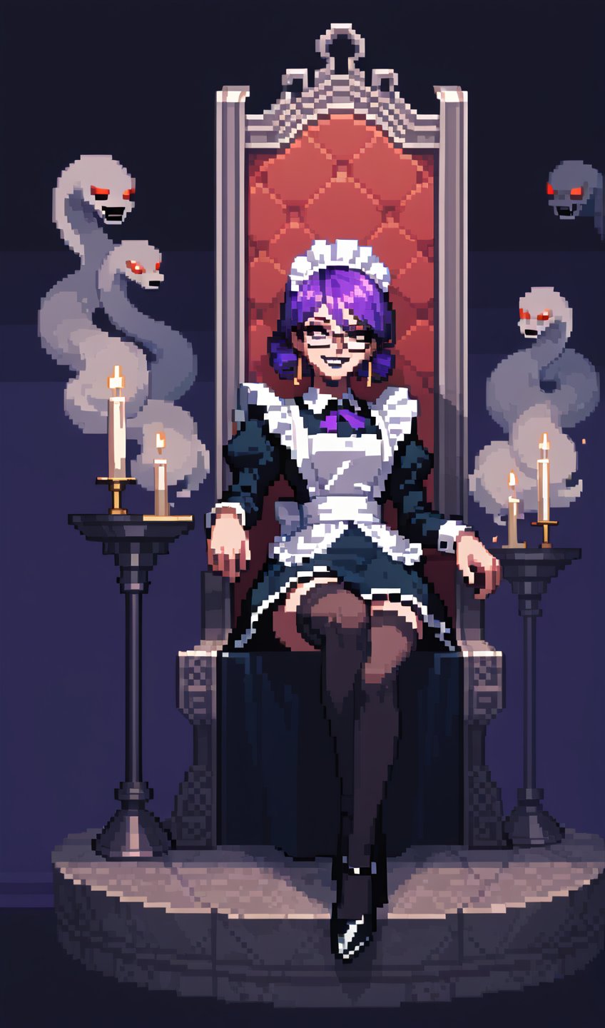 score_9, score_8_up, score_7_up, source_anime, pixel art, closeup, mature_woman, solo, StylePTN, Aristocratic, neon, arrogant, small_crown, Abyss_background, fog, maid, long_sleeves, long_skirt, white_cuffs, glasses, black lips, purple_hair, sitting in a throne, legs_crossed, black_stockings, garterbelt, high_heels, grin, pipes, ghostly_skulls, snakes of mist, abyssaltech, candles,abyssaltech 