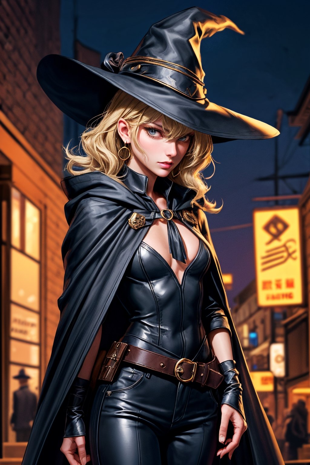 cowboy shot of a woman wearing a police uniform, blond hair, black suit shirt, black magic cloak, big witch hat, pants, clear skin, skinny, slim body, long earrings, model pose, in a magic city street, in the night, fantasy background, realist background, Realism,Portrait, taylor swift,