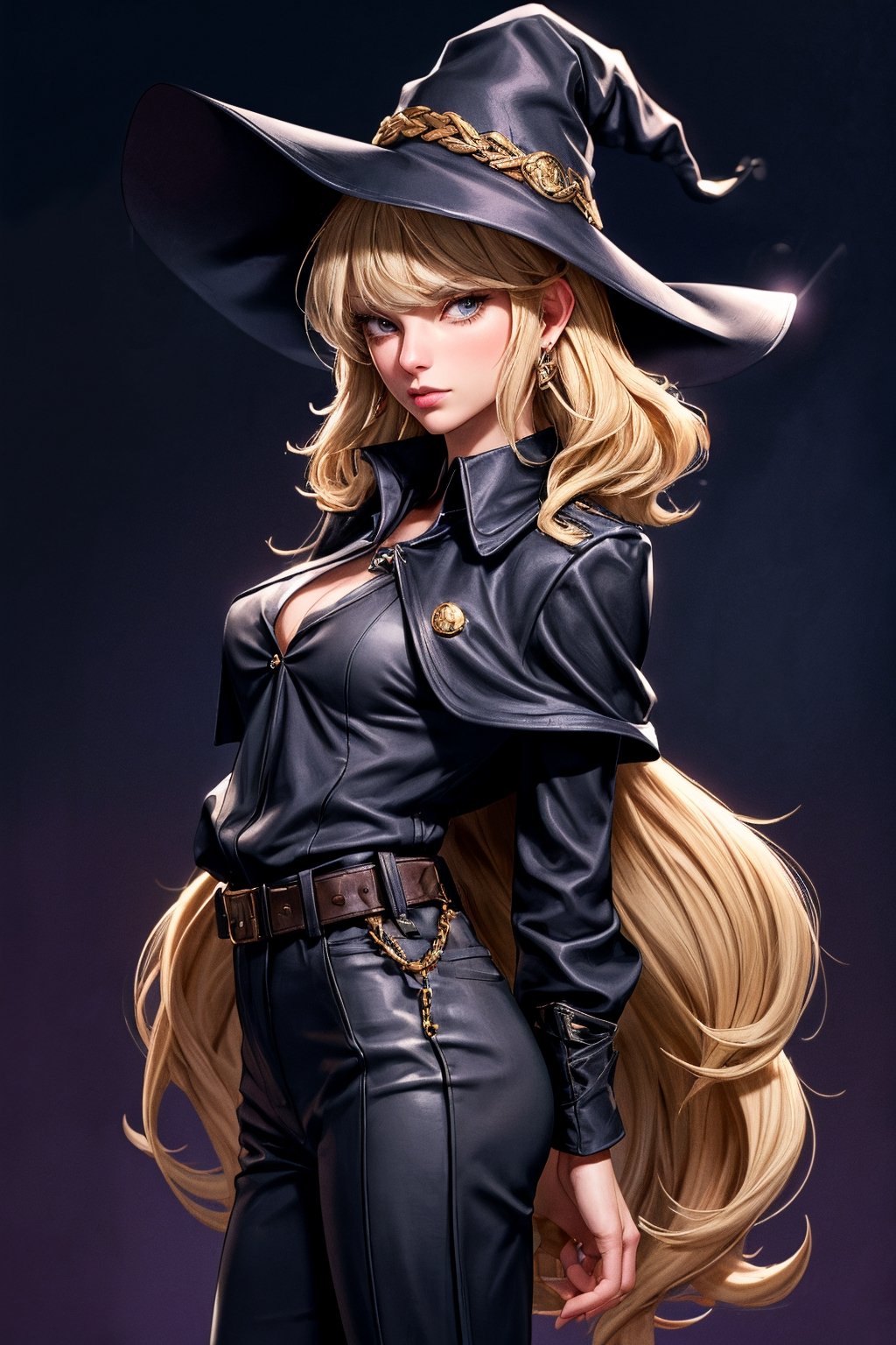 cowboy shot of a woman wearing a police uniform, blond hair, black suit shirt, black magic cloak, big witch hat, pants, clear skin, skinny, slim body, long earrings, model pose, in a magic city street, in the night, fantasy background, realist background, Realism,Portrait, taylor swift,