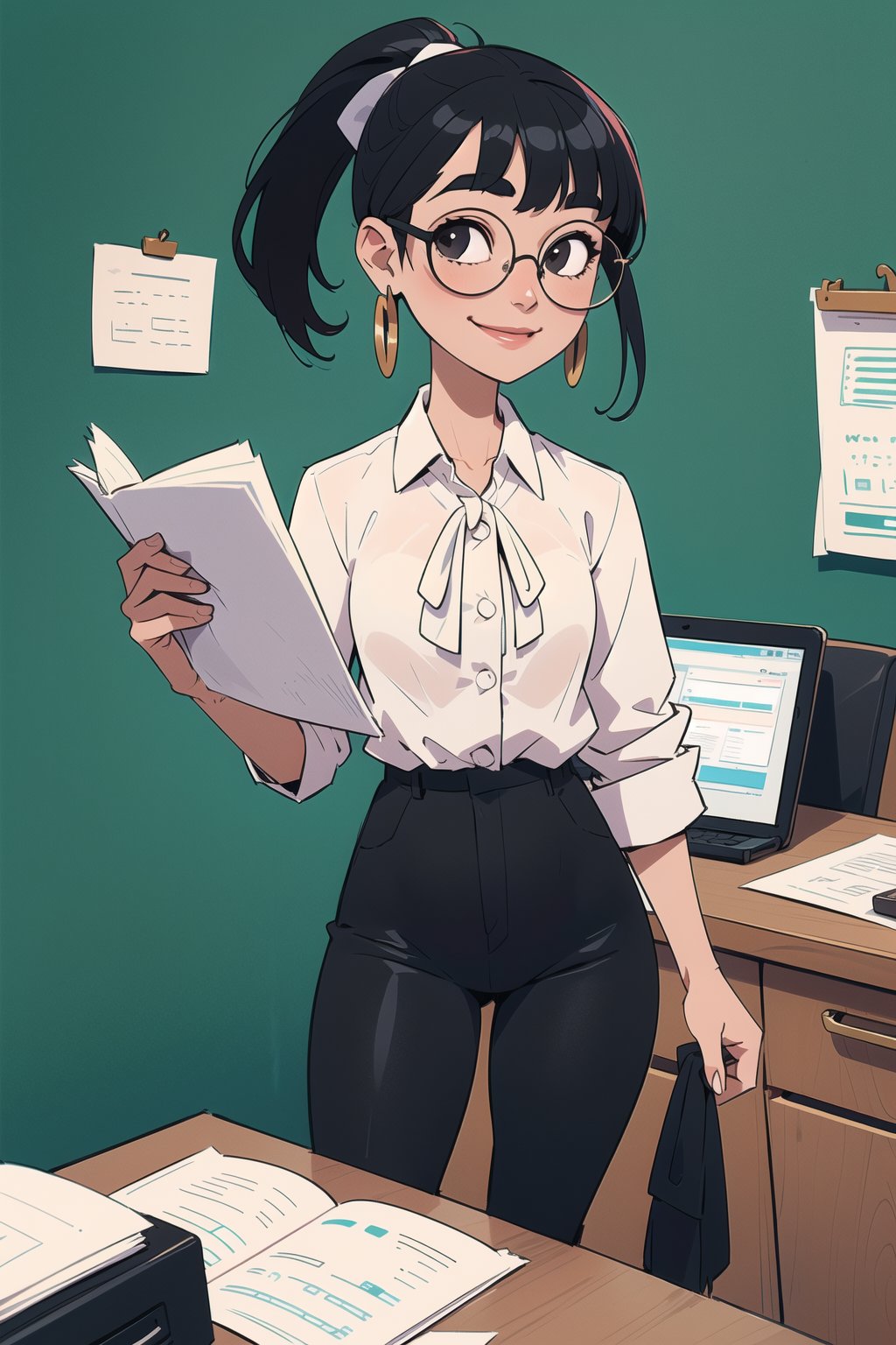 masterpiece, best quality, 1girl, standing in an office, solo, (black hair, ponytail, round glasses), ((fringe)), big eyebrows, happy smile, closed mouth, (white button shirt, black pants, big earrings, flat chest, SAM YANG, office background, office settings, 