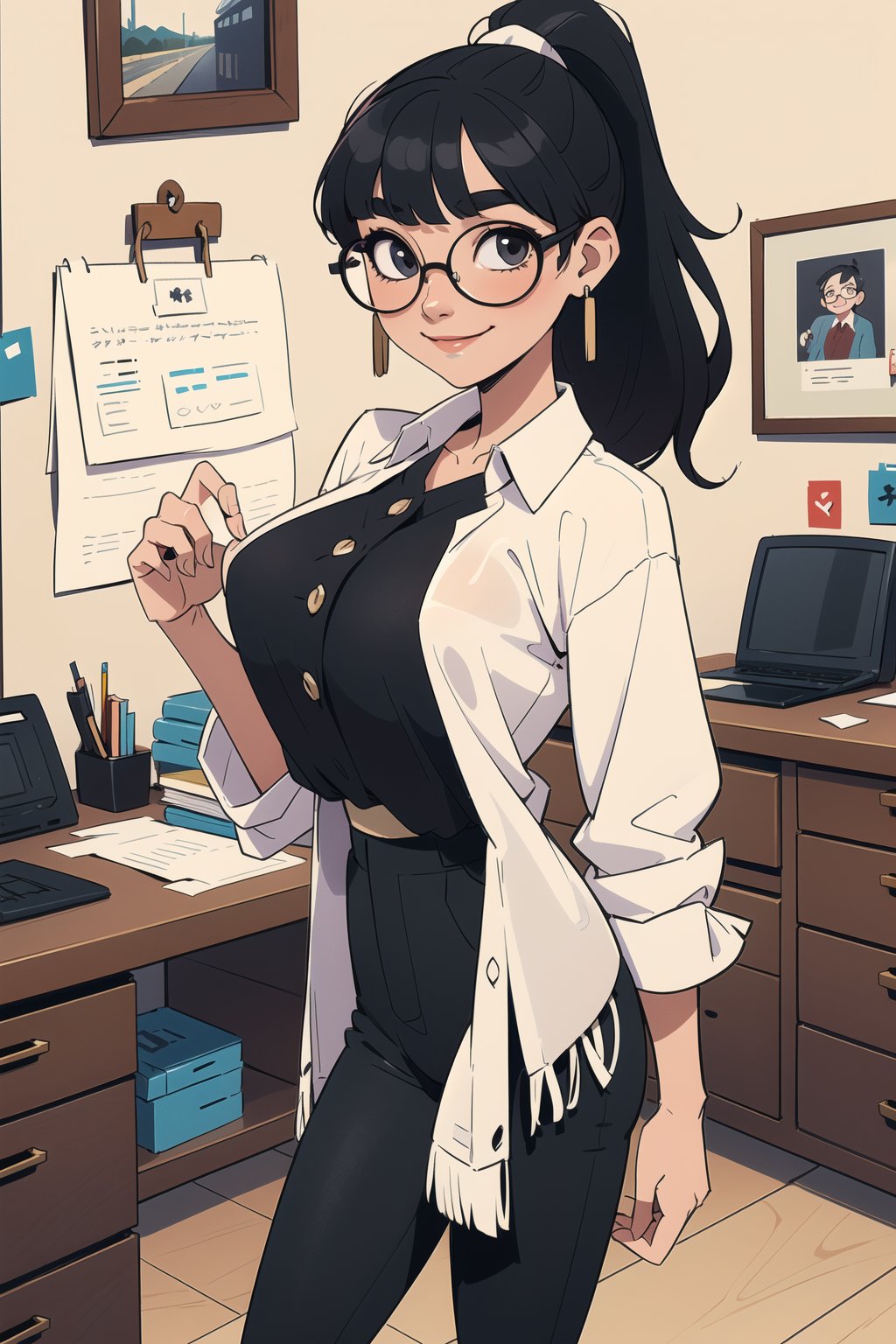 masterpiece, best quality, 1girl, standing in an office, solo, (black hair, ponytail, round glasses), ((fringe)), big eyebrows, happy smile, closed mouth, (white button shirt, black pants, big earrings, flat chest, SAM YANG, office background, office settings, 