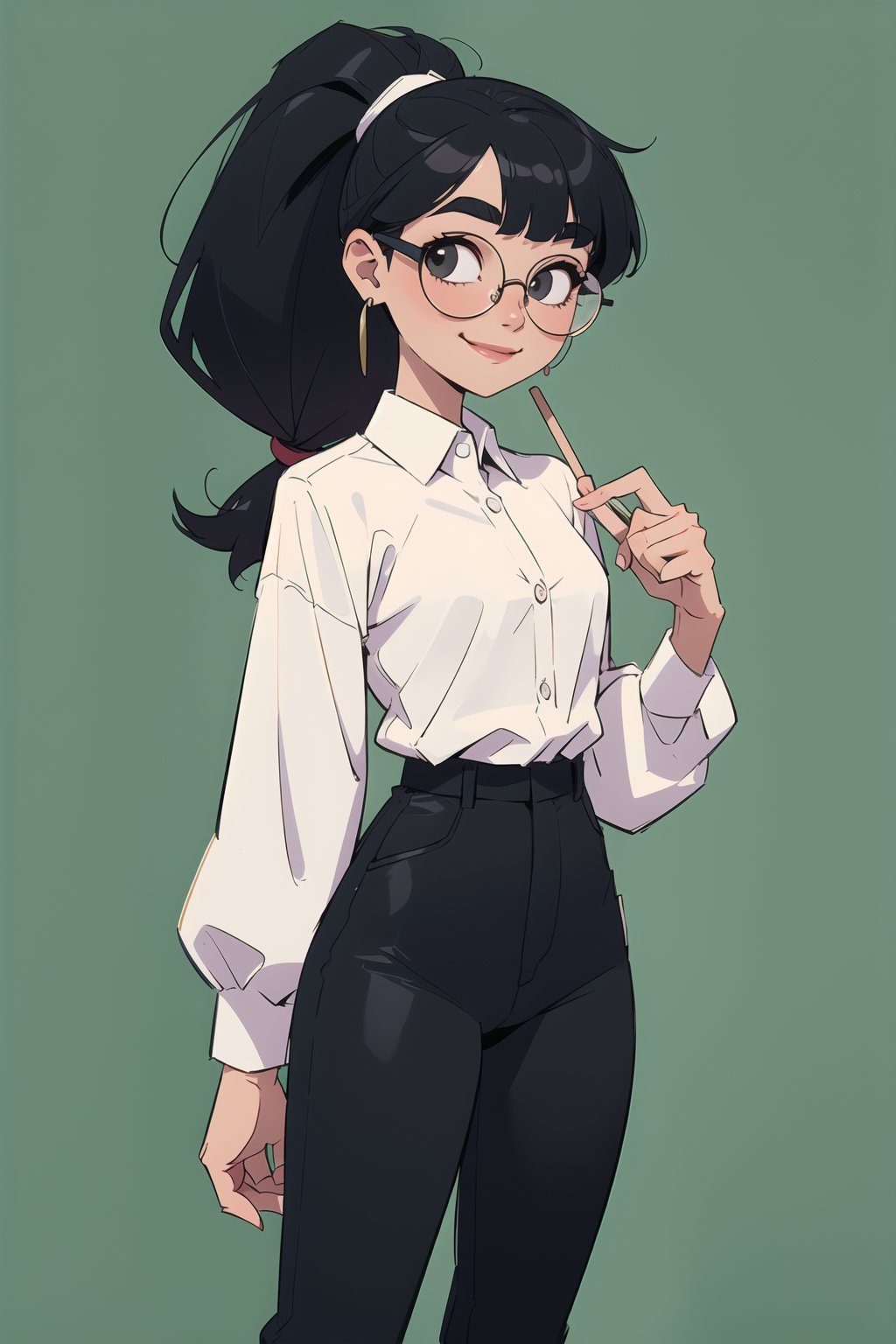 masterpiece, best quality, 1girl, standing in an office, solo, (black hair, ponytail, round glasses), ((fringe)), big eyebrows, happy smile, closed mouth, (white button shirt, black pants, big earrings, flat chest, SAM YANG, office background, office settings, 